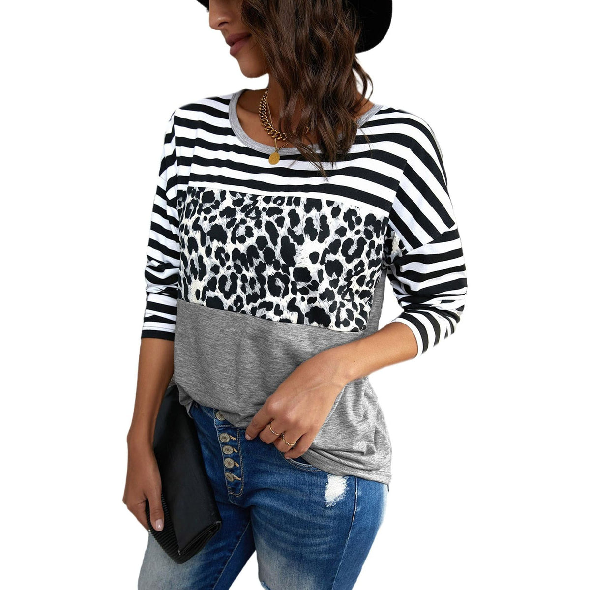 Azura Exchange Leopard Block Splicing Long Sleeve Top - S