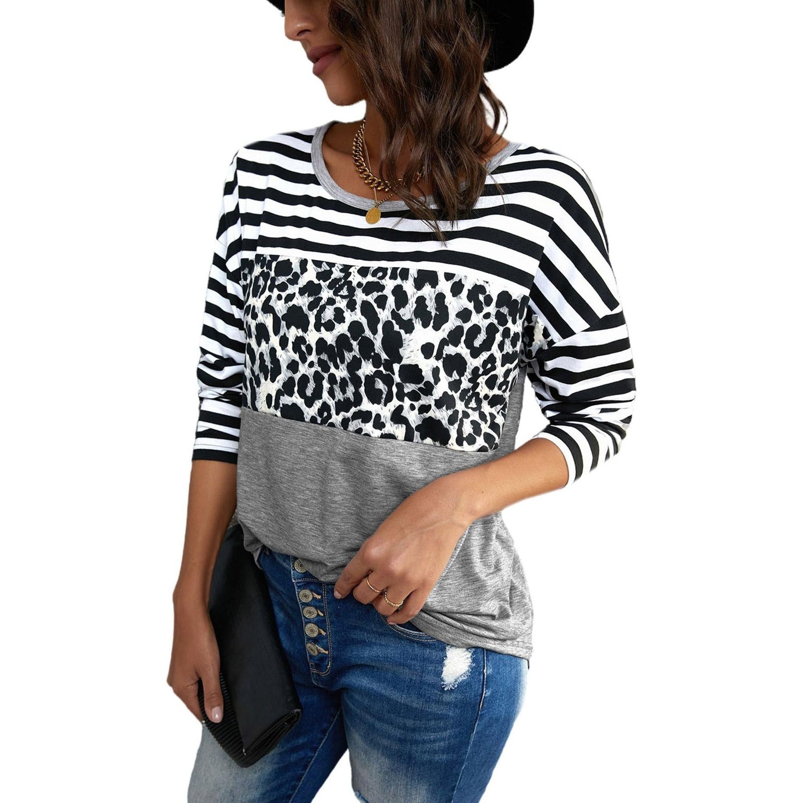 Azura Exchange Leopard Block Splicing Long Sleeve Top - S