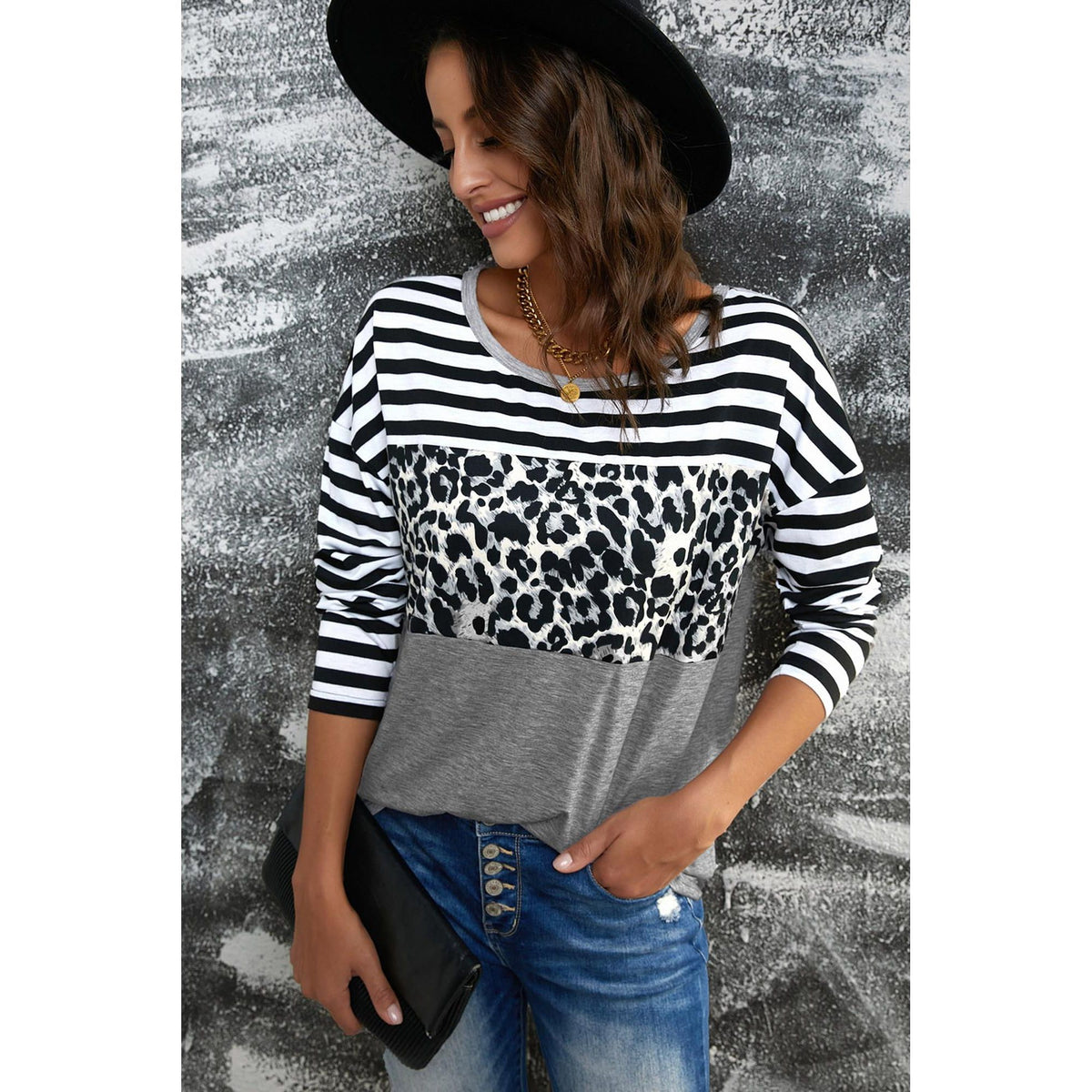 Azura Exchange Leopard Block Splicing Long Sleeve Top - S