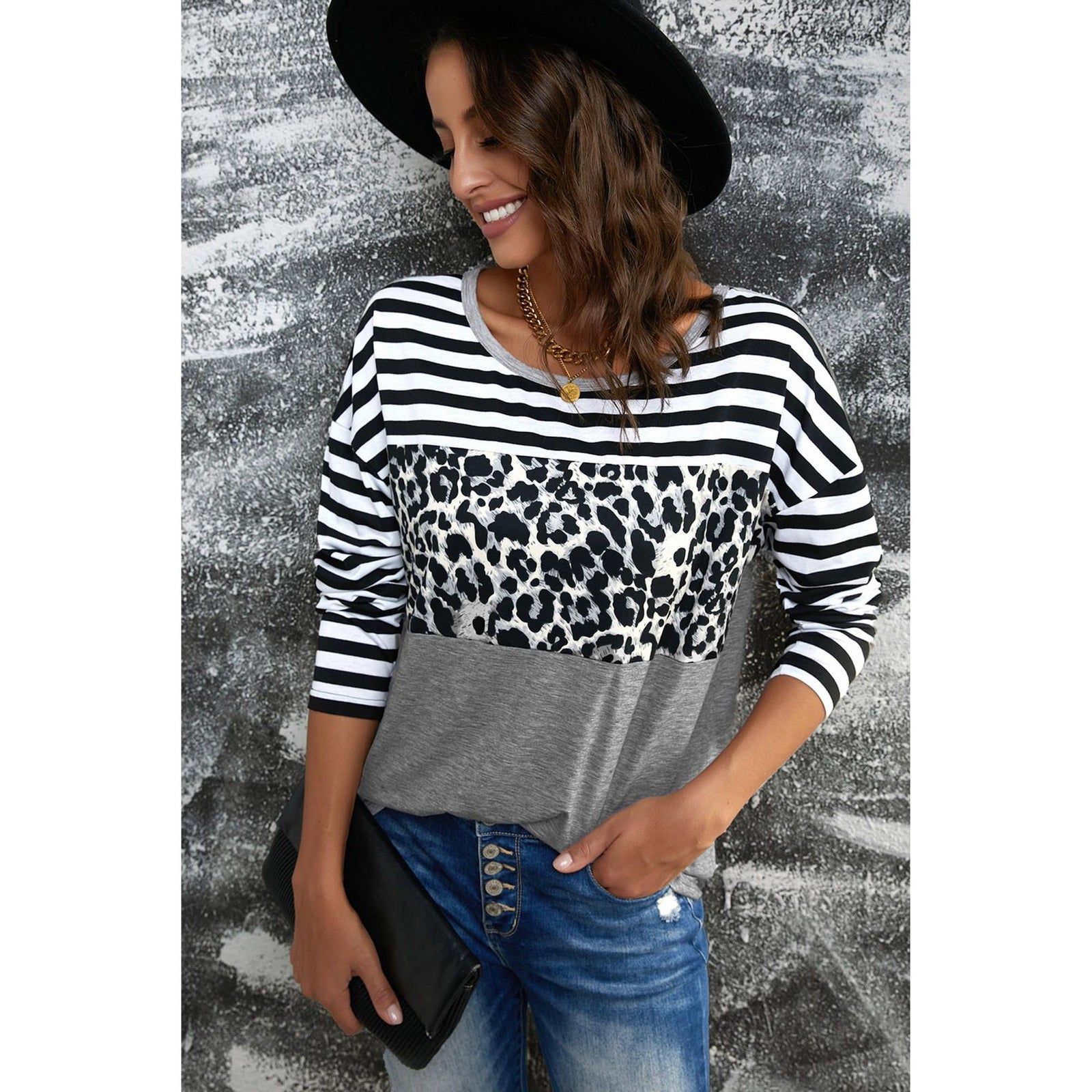 Azura Exchange Leopard Block Splicing Long Sleeve Top - S
