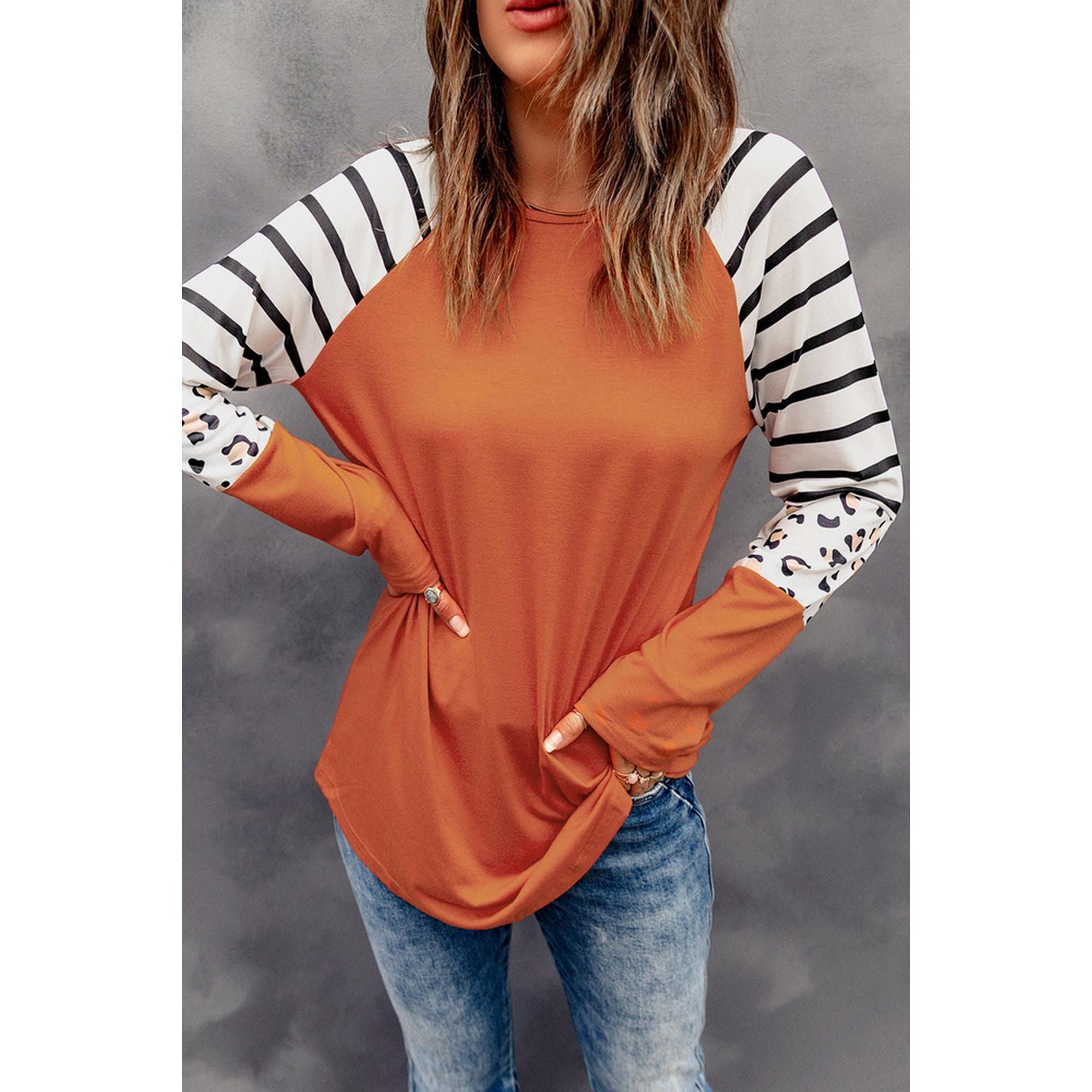 Azura Exchange Animal Print Long Sleeve Top with Striped Colorblock - S