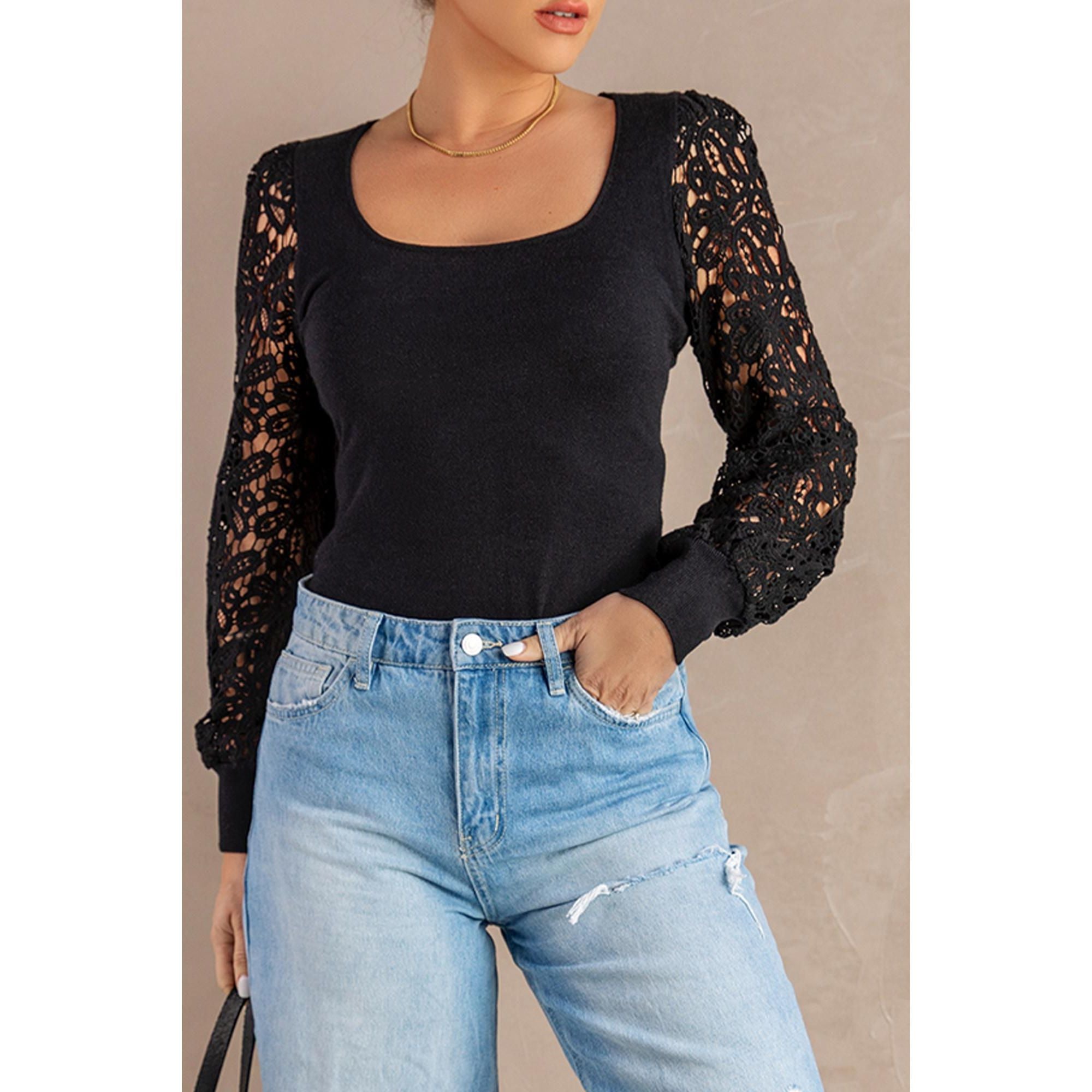 Azura Exchange Black Crochet Sleeve Square Neck Top - L