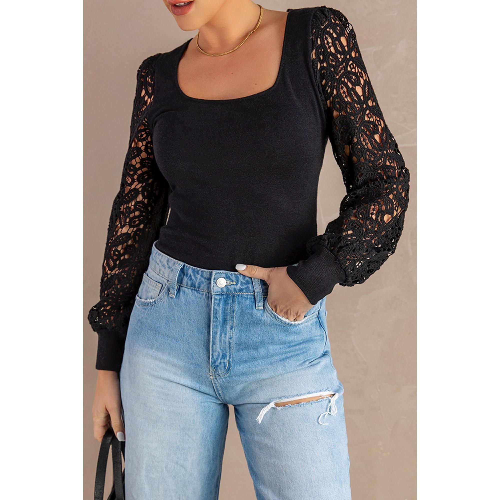 Azura Exchange Black Crochet Sleeve Square Neck Top - M