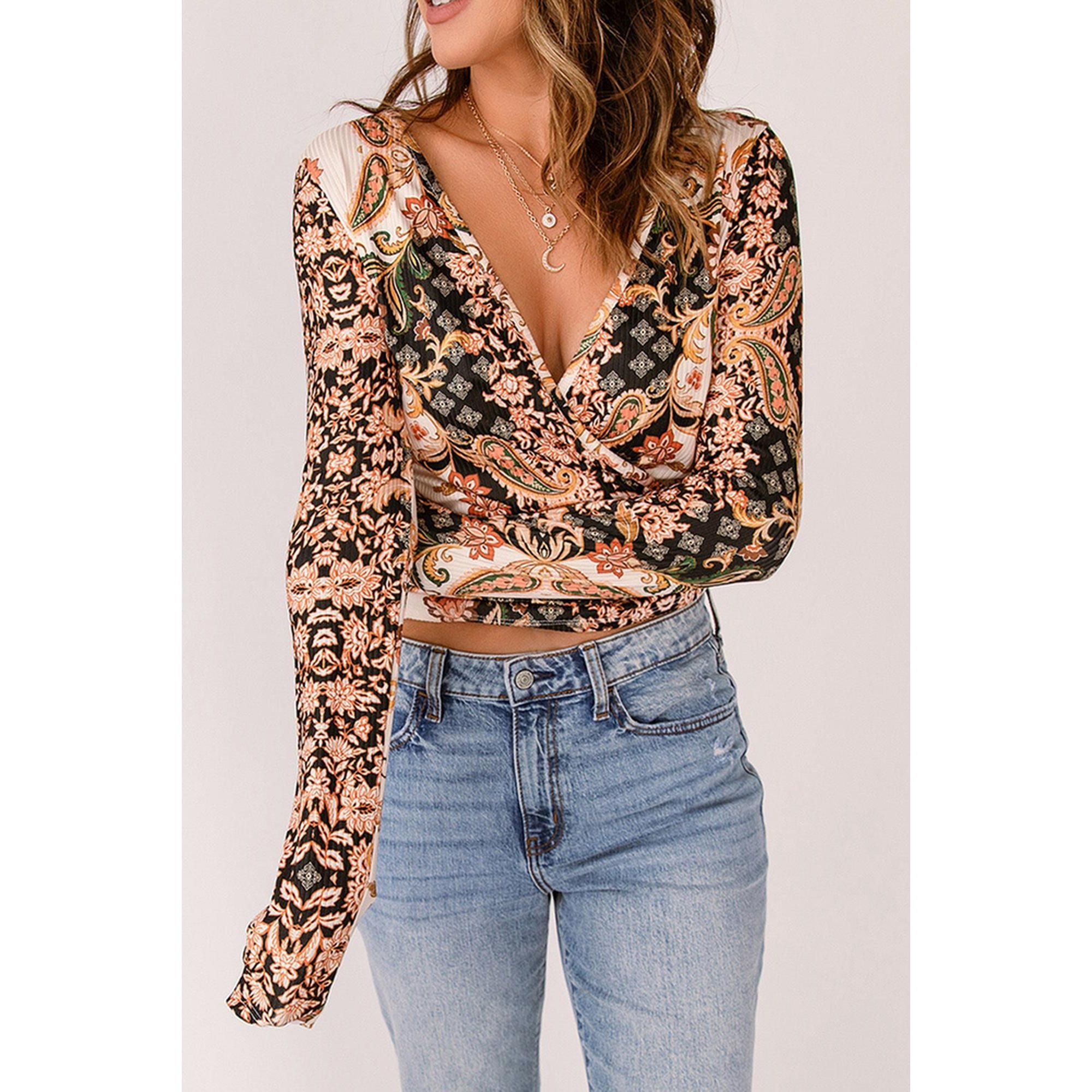 Azura Exchange Baroque Print Wrap V Neck T Shirt - M