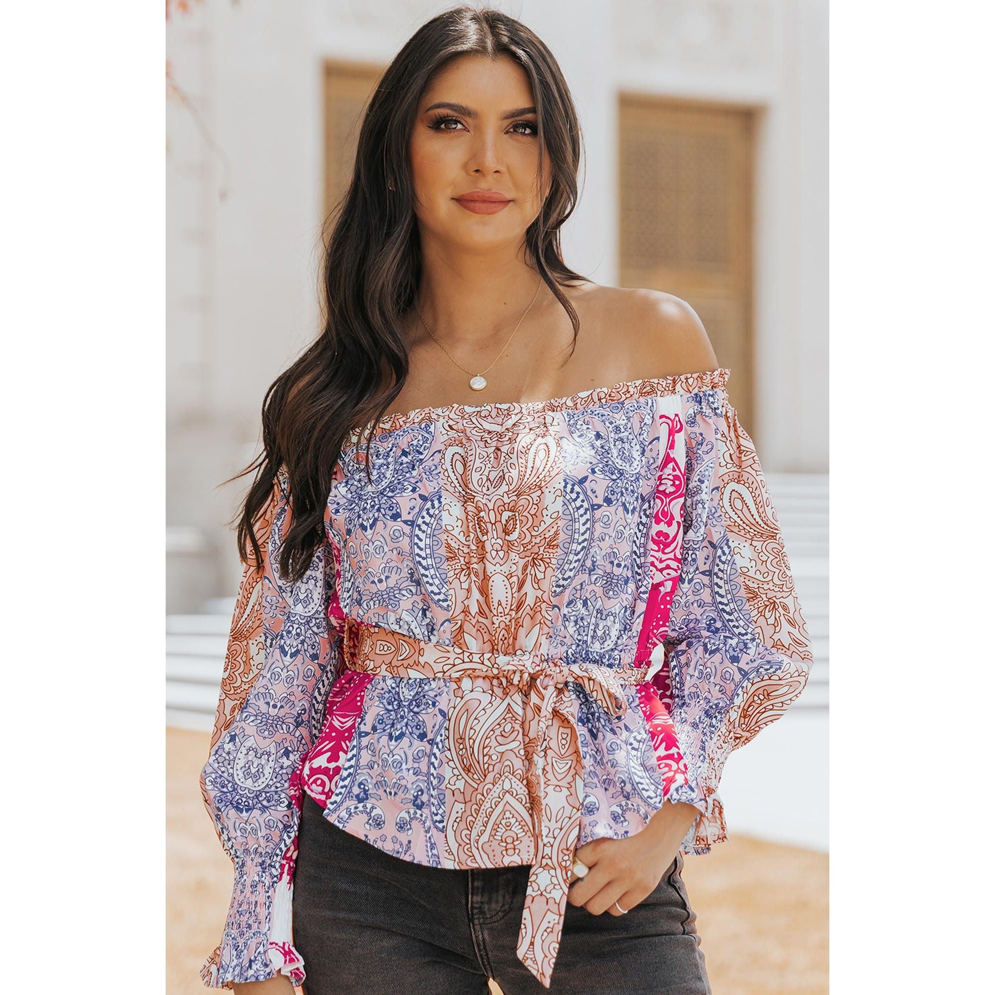 Azura Exchange Bohemian Floral Print Off Shoulder Blouse - 2XL