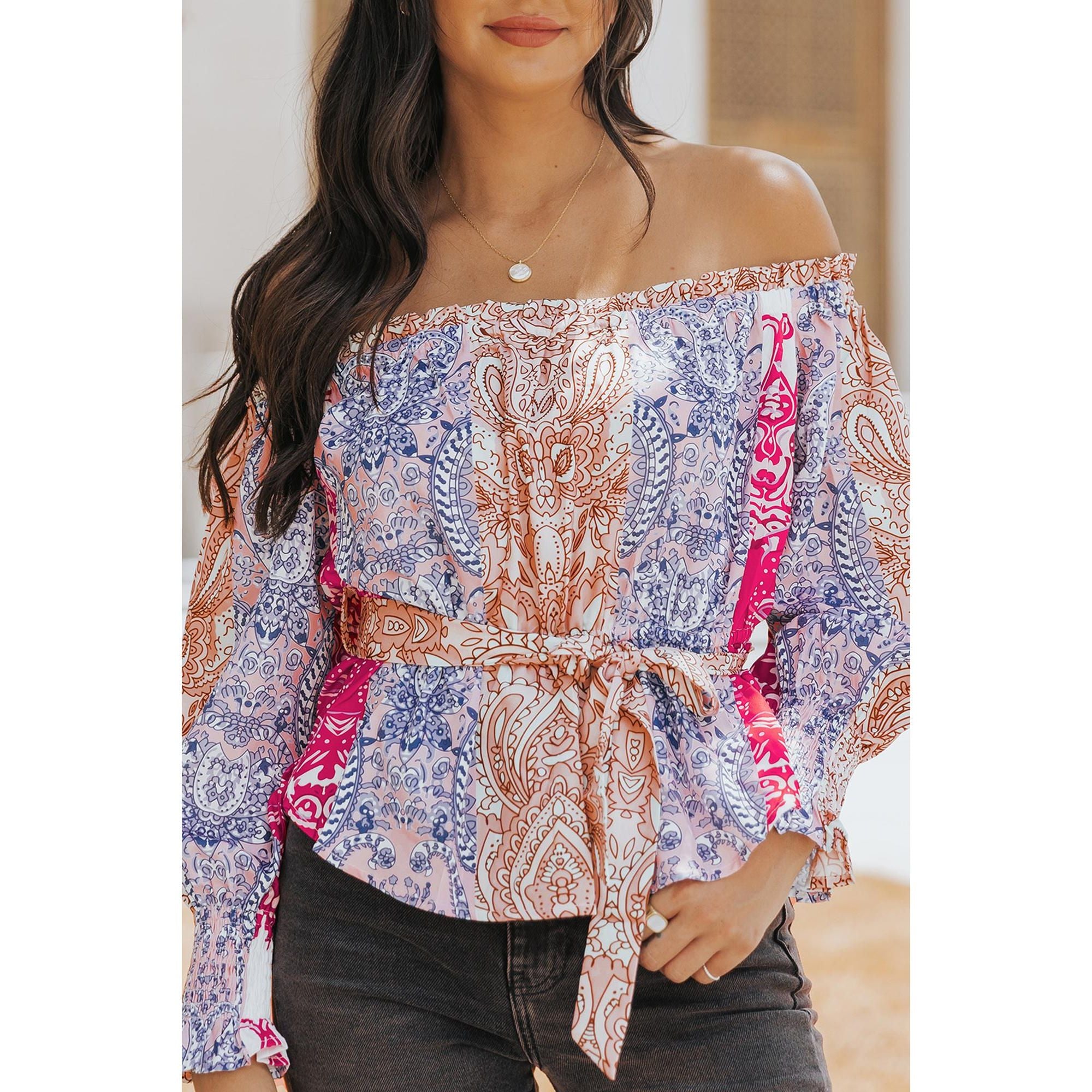 Azura Exchange Bohemian Floral Print Off Shoulder Blouse - L