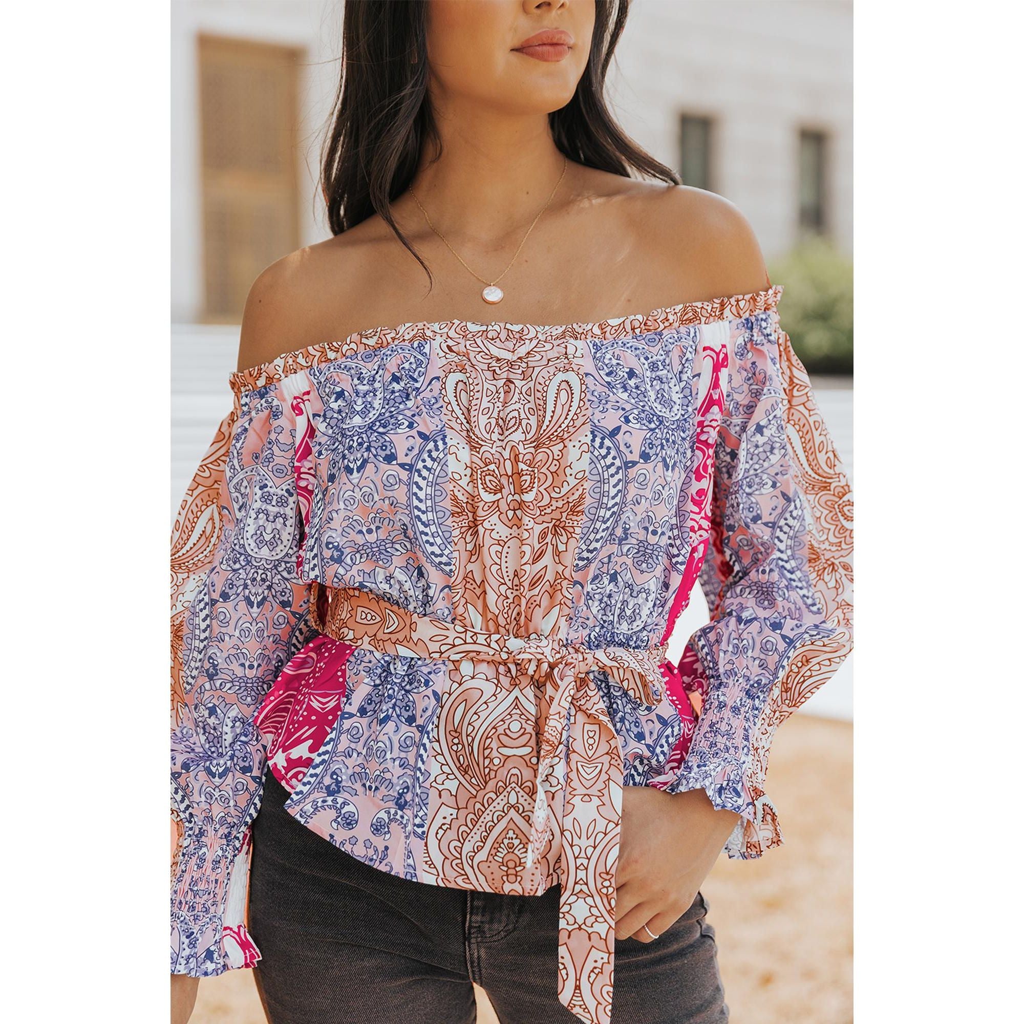 Azura Exchange Bohemian Floral Print Off Shoulder Blouse - S