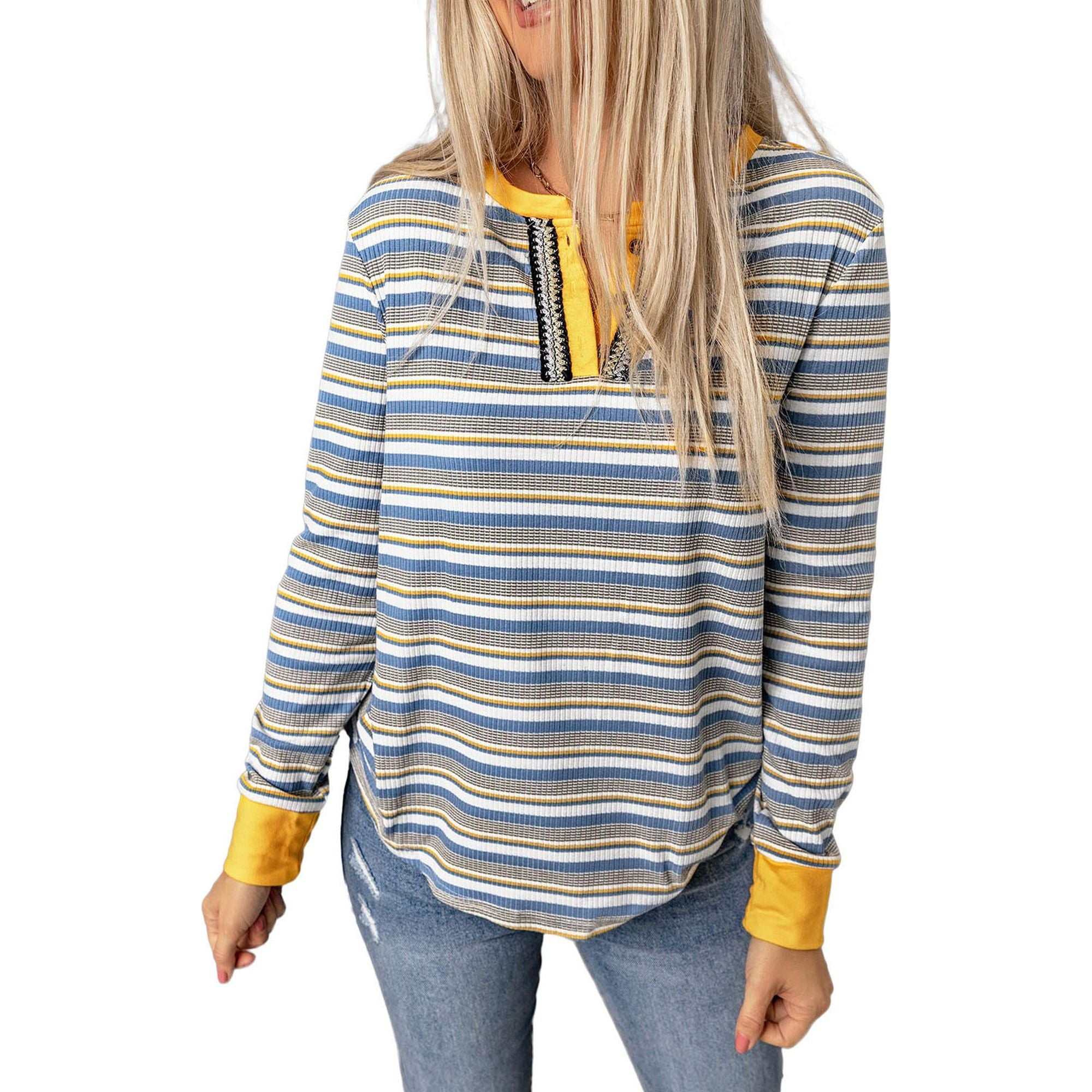 Azura Exchange Button Neck Striped Knit Long Sleeve Top - 2XL