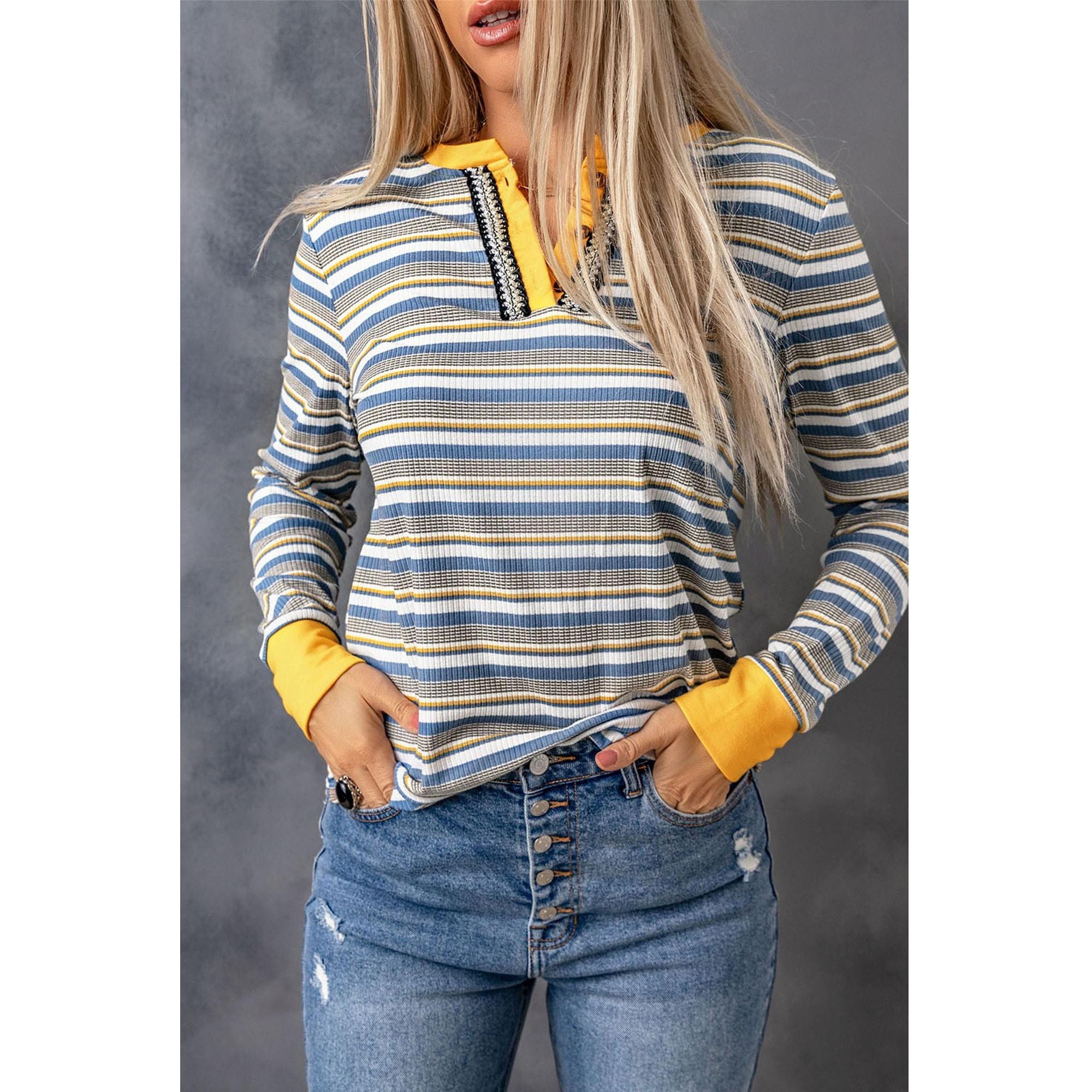 Azura Exchange Button Neck Striped Knit Long Sleeve Top - 2XL