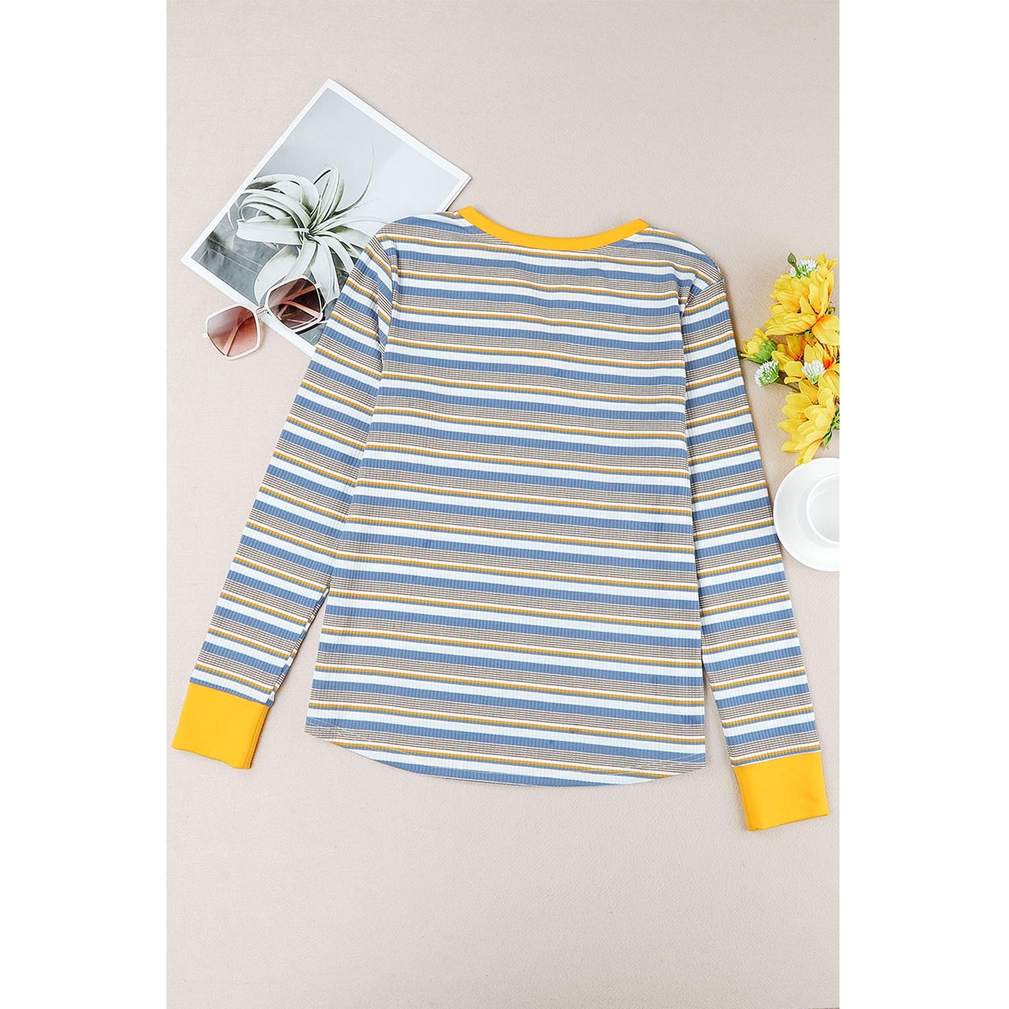 Azura Exchange Button Neck Striped Knit Long Sleeve Top - 2XL