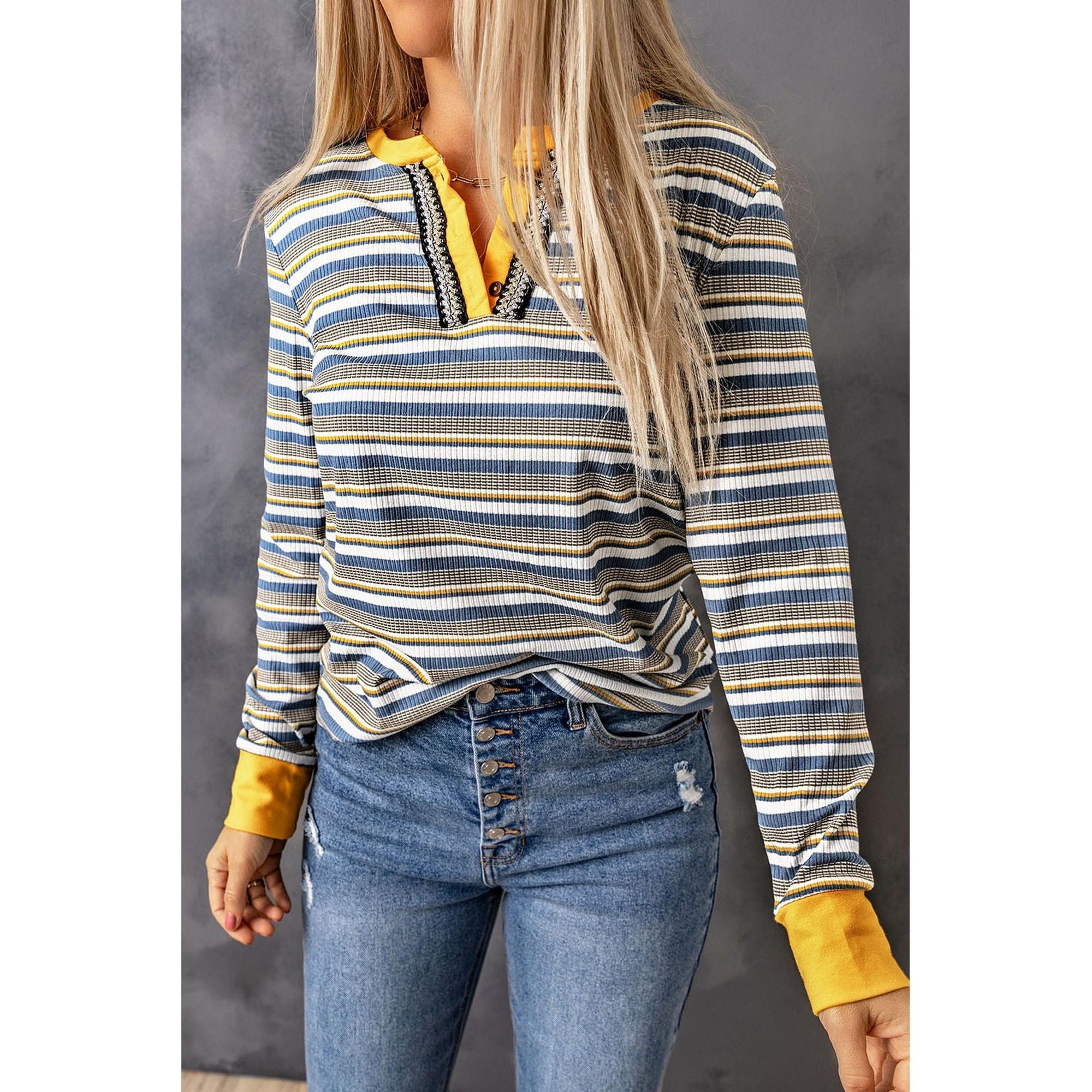 Azura Exchange Button Neck Striped Knit Long Sleeve Top - L