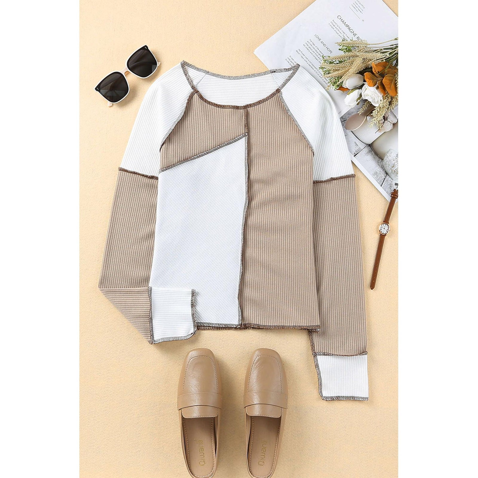 Azura Exchange Color Block Rib Knit Top - M