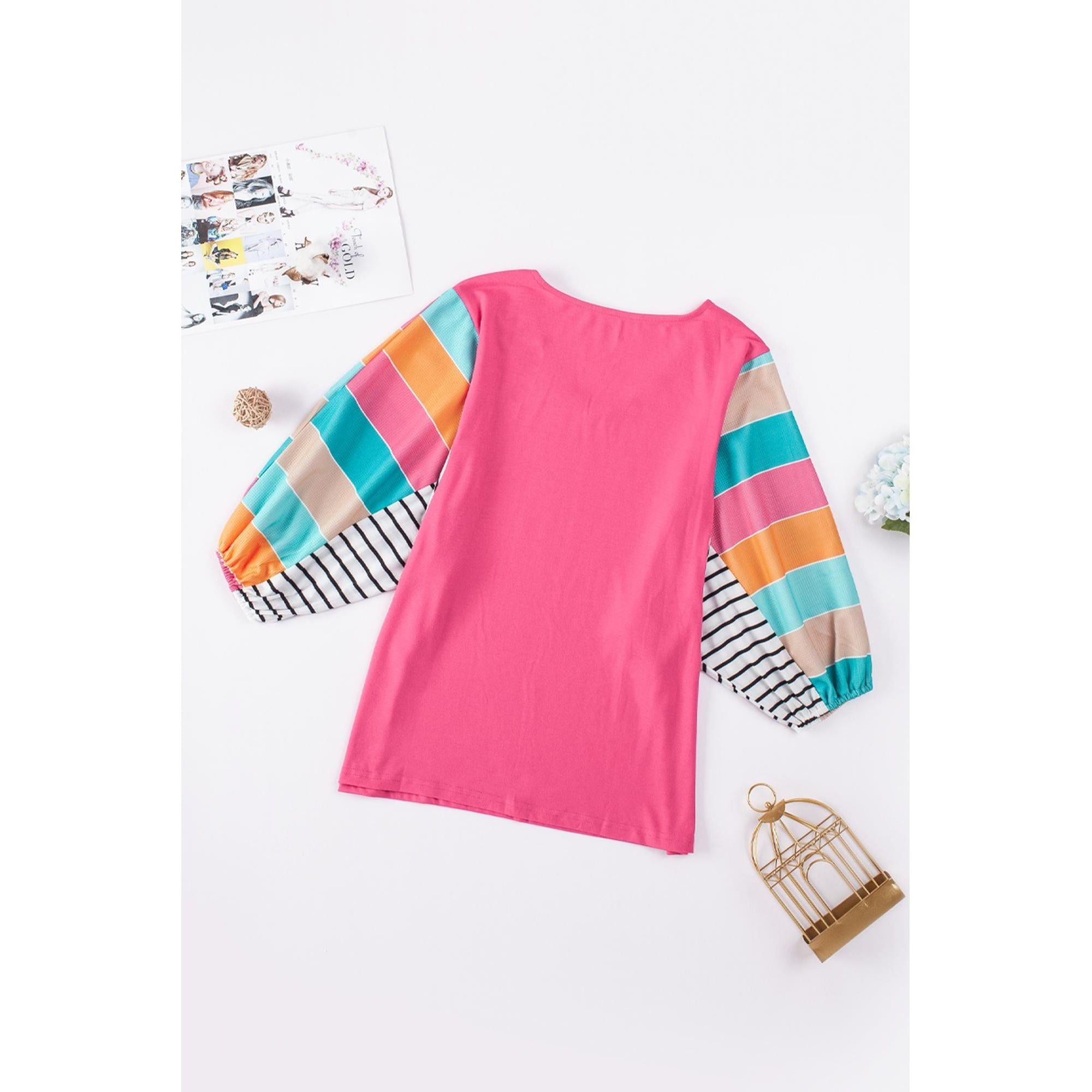 Azura Exchange Bubble Sleeve Stripe Color Block Top - M