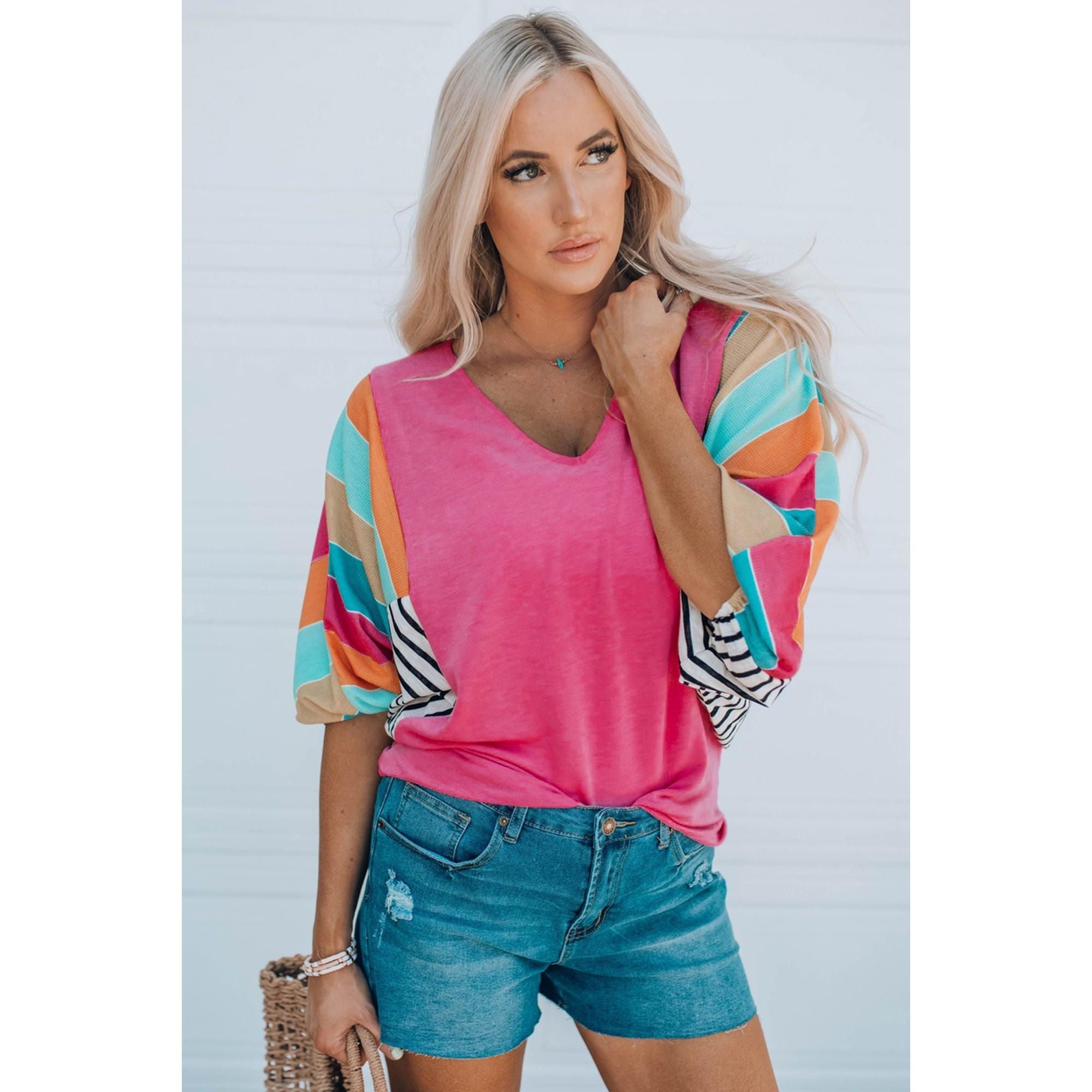 Azura Exchange Bubble Sleeve Stripe Color Block Top - S