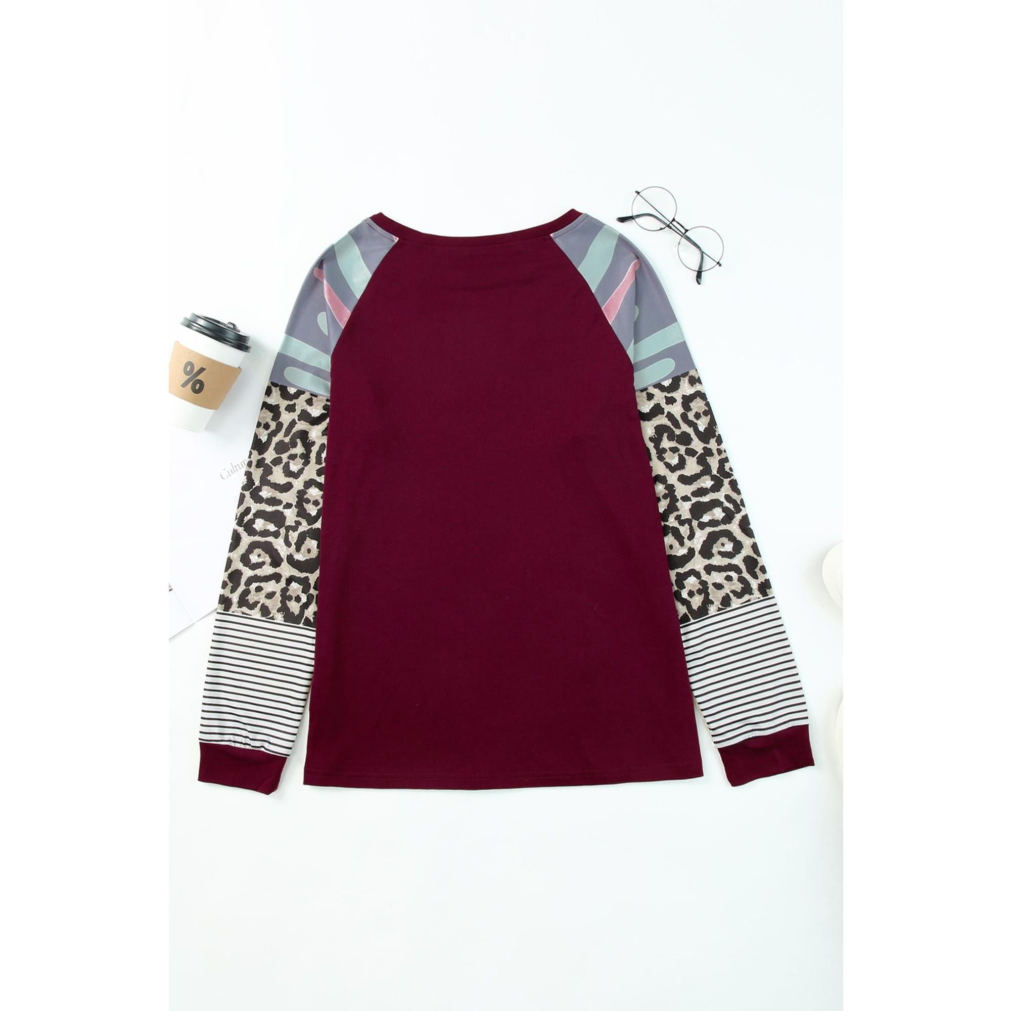 Azura Exchange Burgundy Camouflage Striped Leopard Splicing Blouse - M