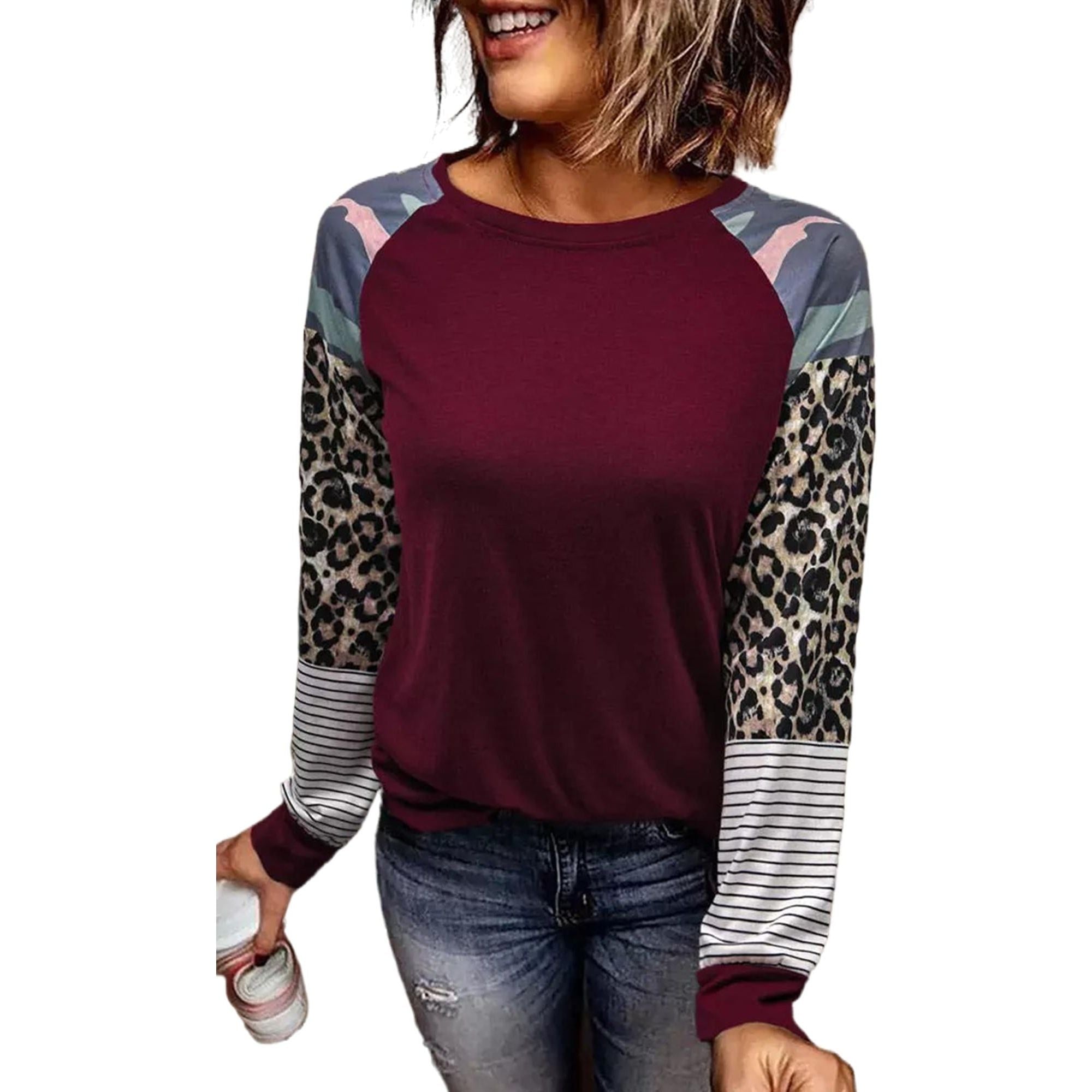 Azura Exchange Burgundy Camouflage Striped Leopard Splicing Blouse - M