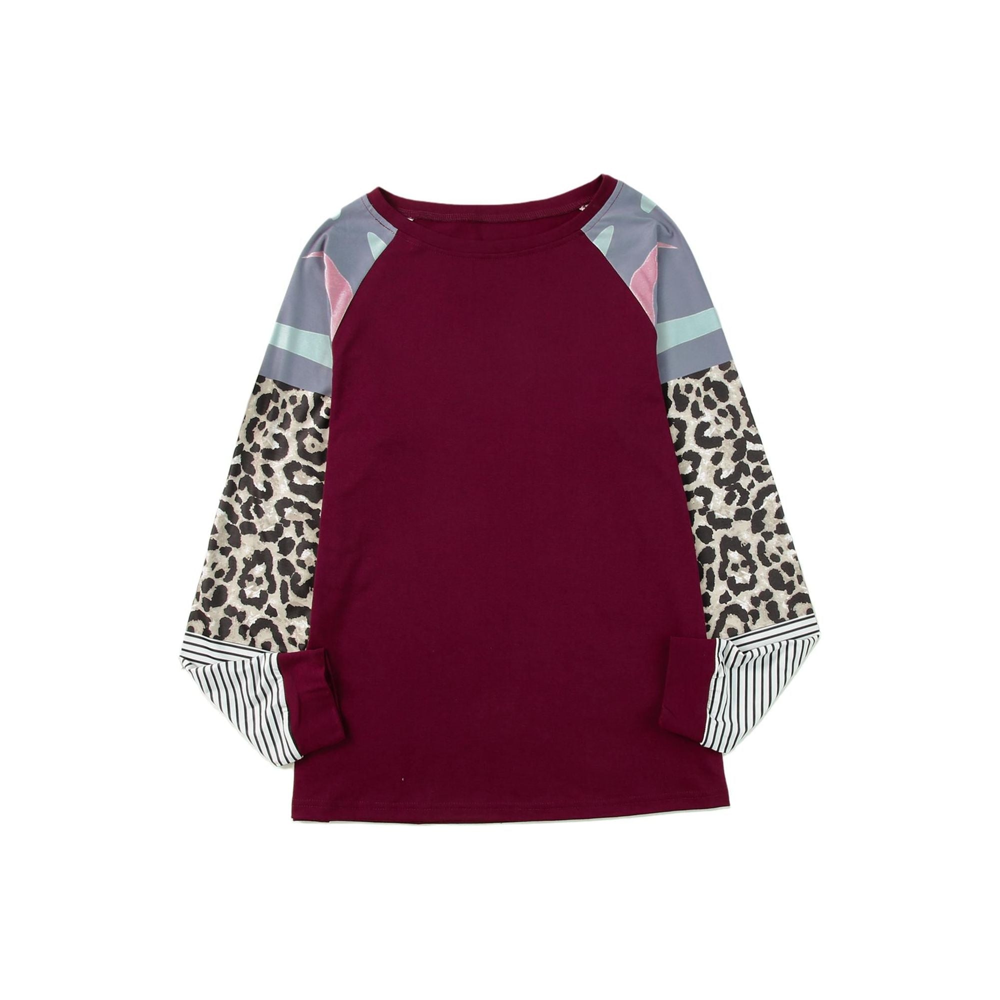 Azura Exchange Burgundy Camouflage Striped Leopard Splicing Blouse - M