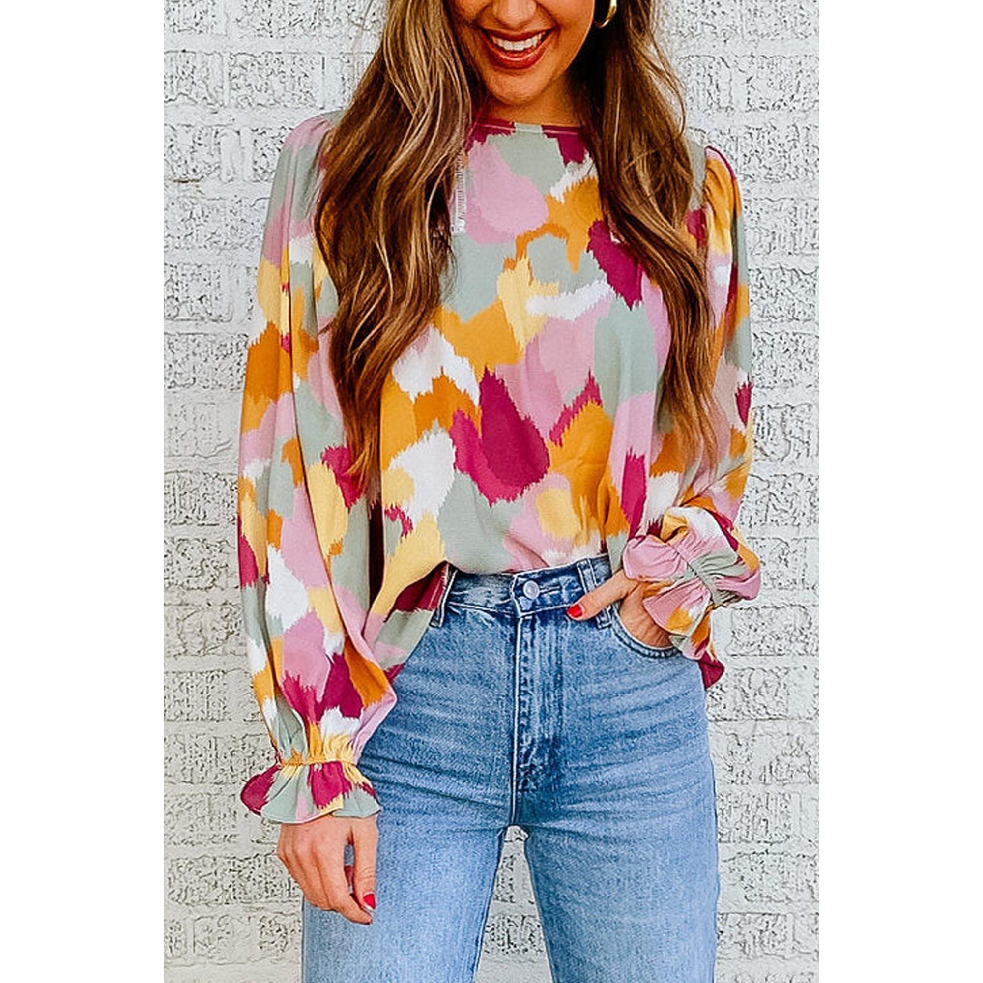 Azura Exchange Abstract Printed Long Sleeve Blouse - M