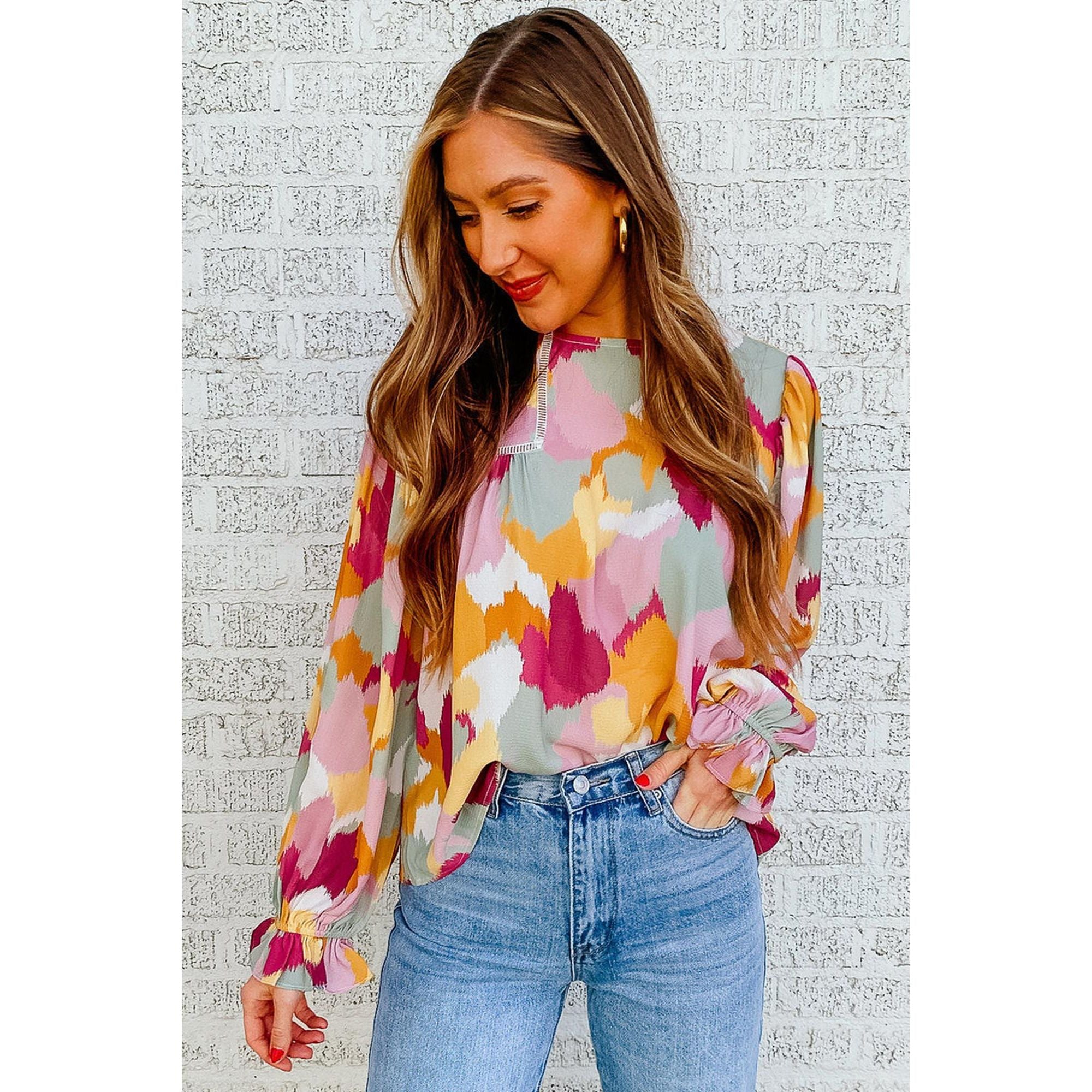 Azura Exchange Abstract Printed Long Sleeve Blouse - M