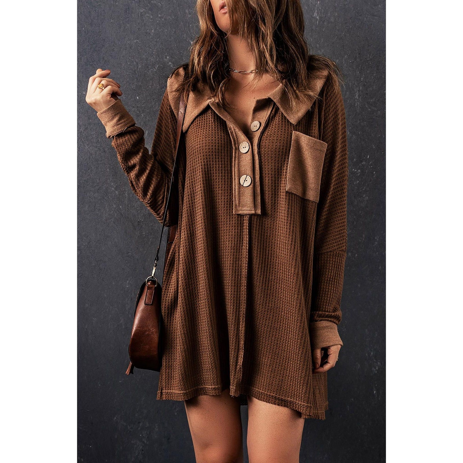 Azura Exchange Buttoned Waffle Knit Long Sleeve Top - 2XL