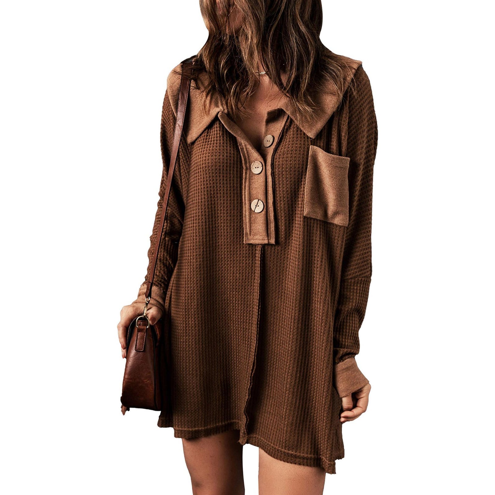 Azura Exchange Buttoned Waffle Knit Long Sleeve Top - 2XL