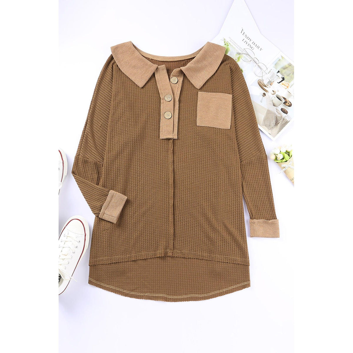 Azura Exchange Buttoned Waffle Knit Long Sleeve Top - 2XL