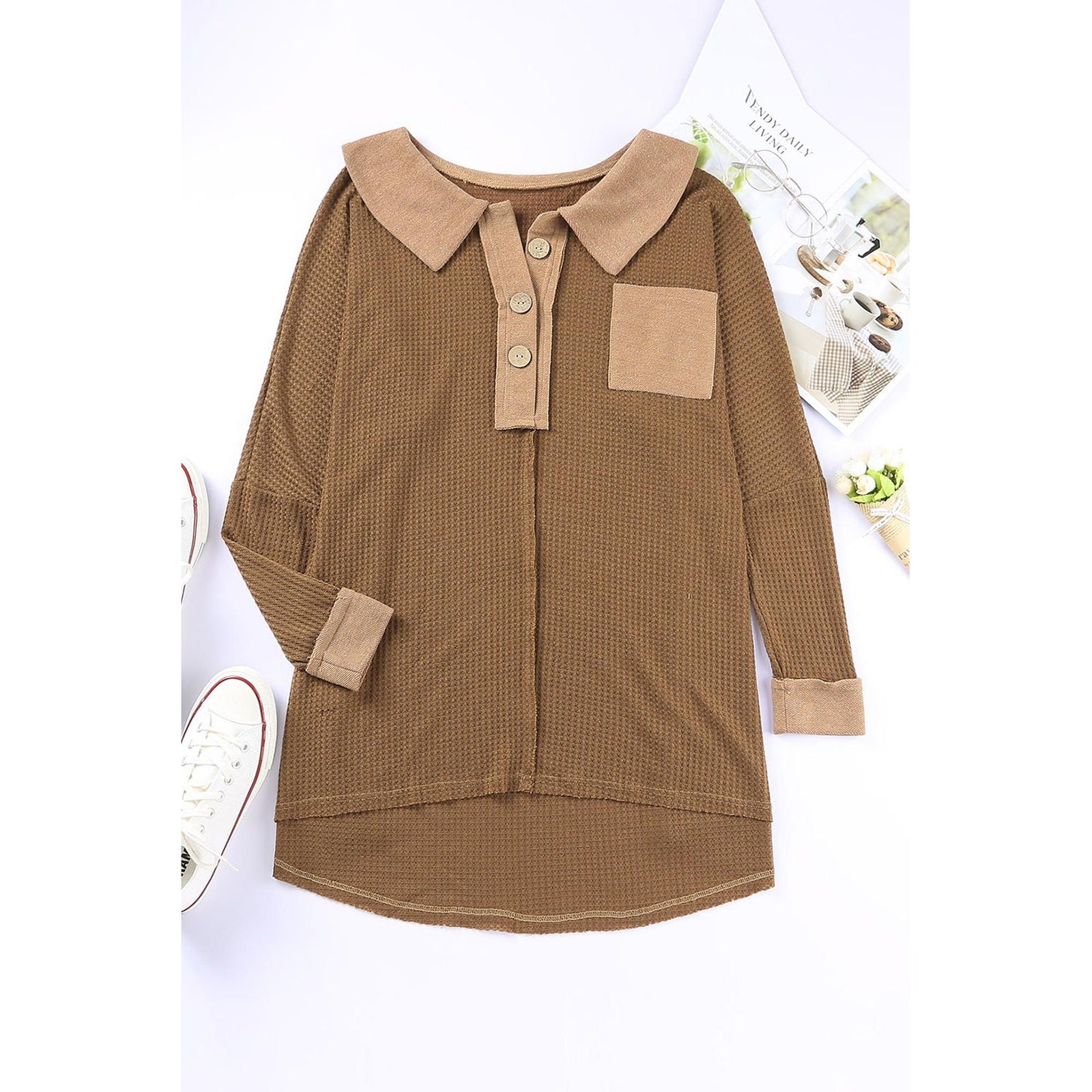 Azura Exchange Buttoned Waffle Knit Long Sleeve Top - 2XL