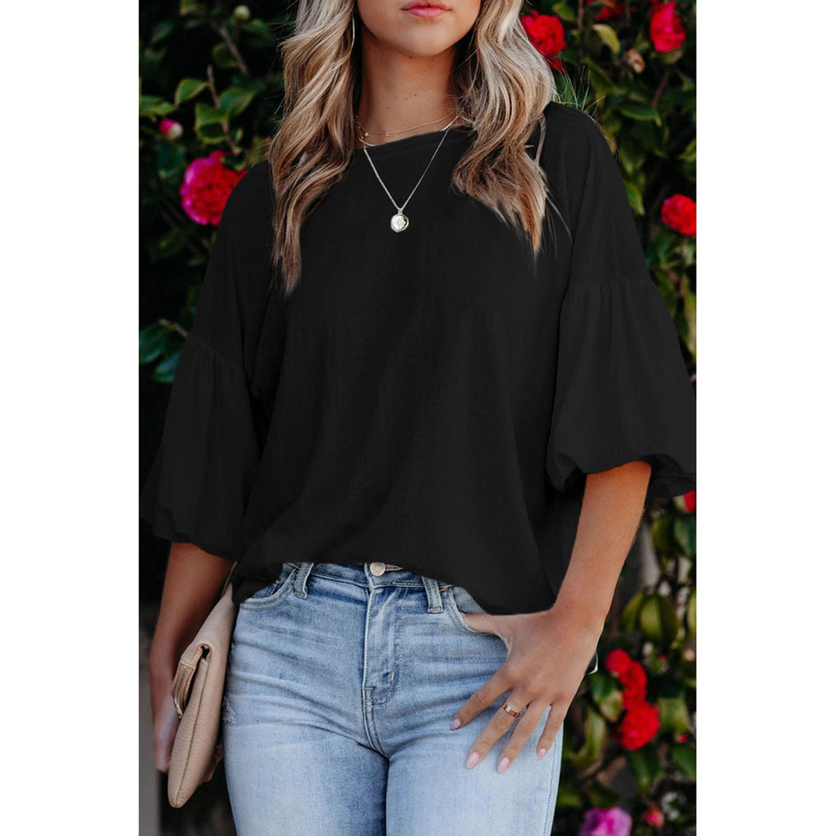 Azura Exchange Bubble Sleeve Round Neck Blouse - L