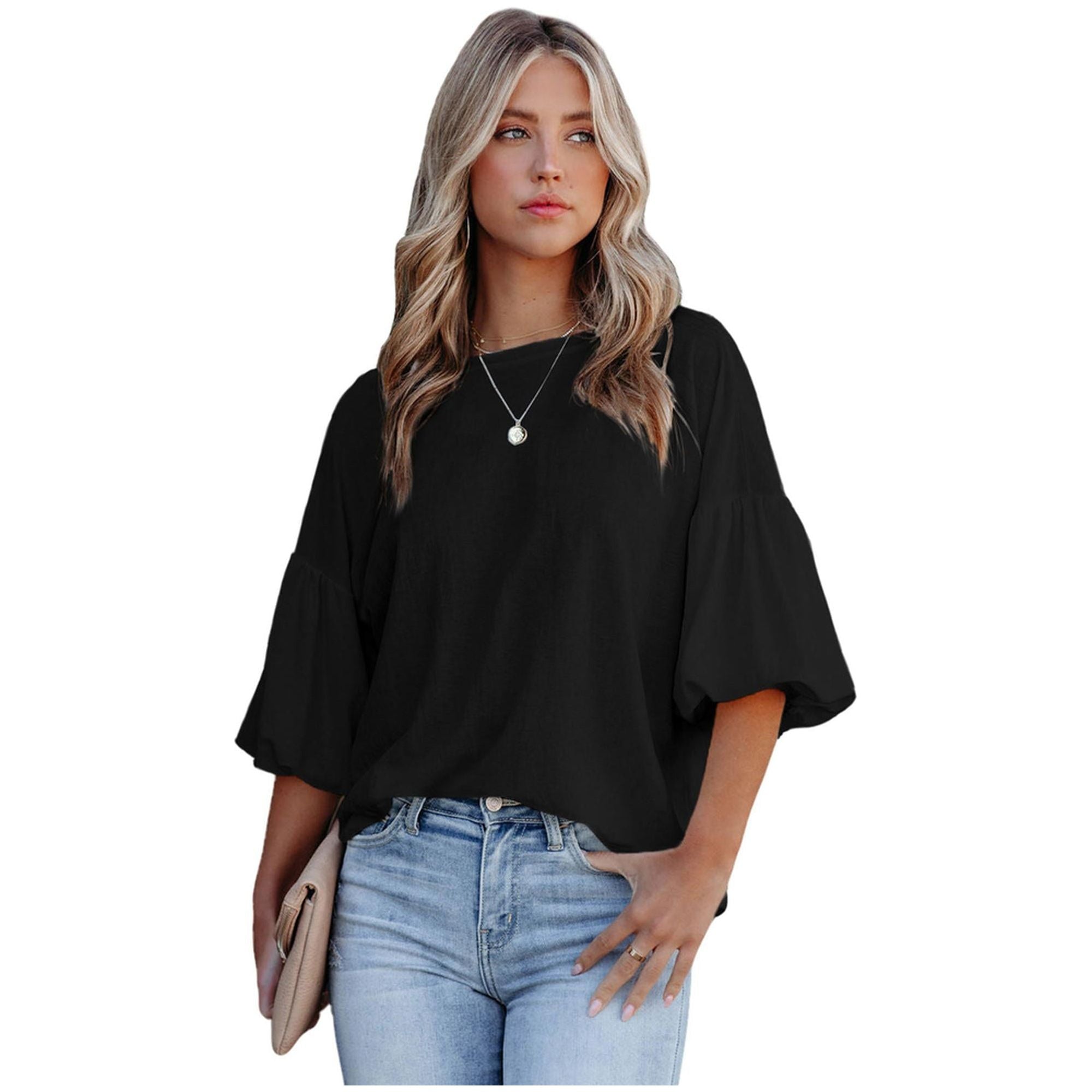 Azura Exchange Bubble Sleeve Round Neck Blouse - L