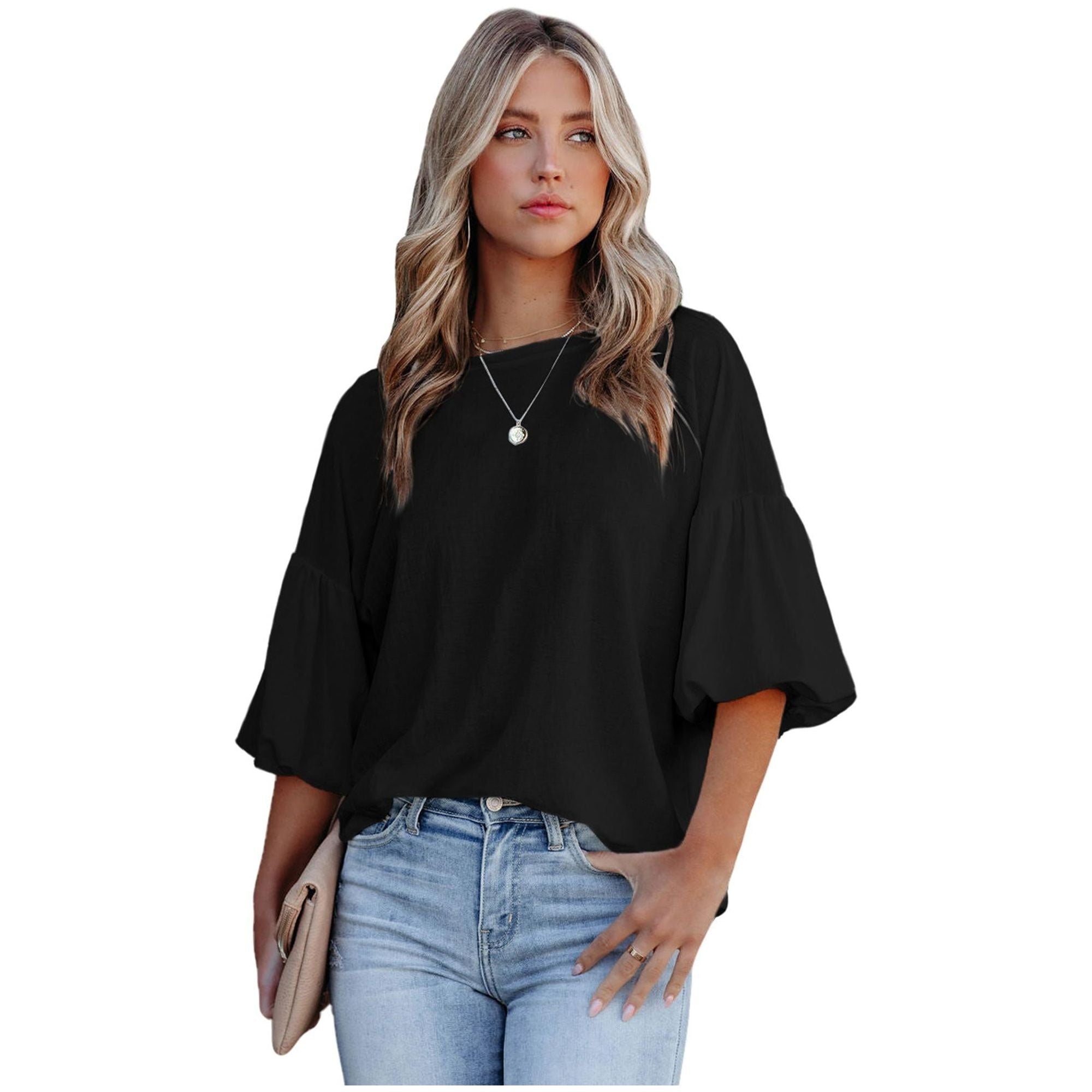 Azura Exchange Bubble Sleeve Round Neck Blouse - L