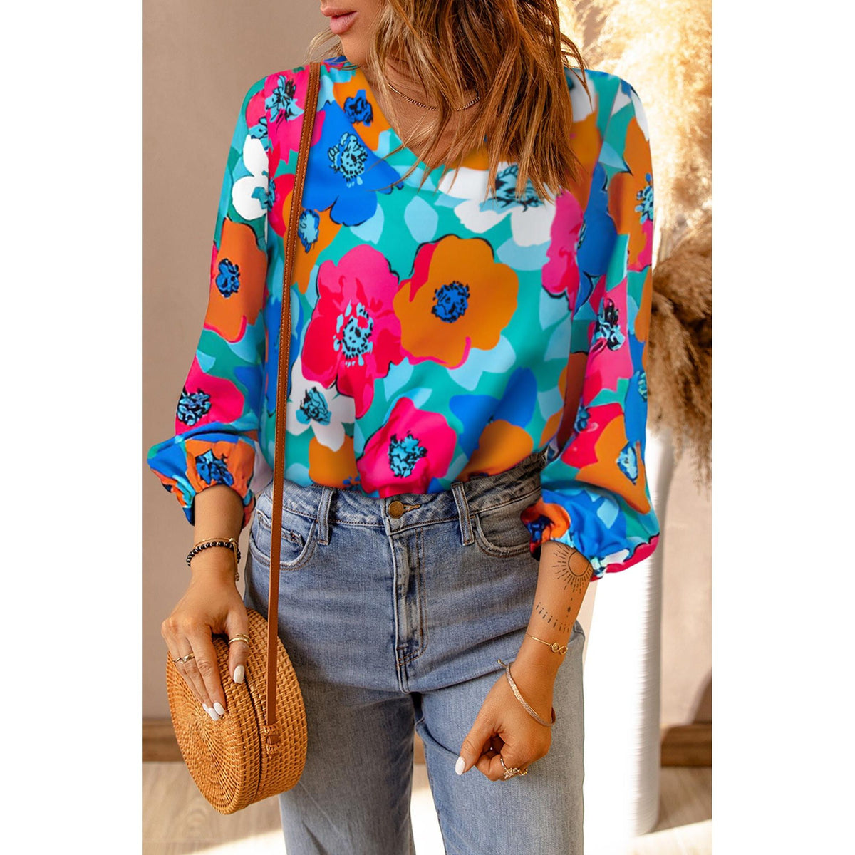 Azura Exchange Floral Print V Neck Blouse - S