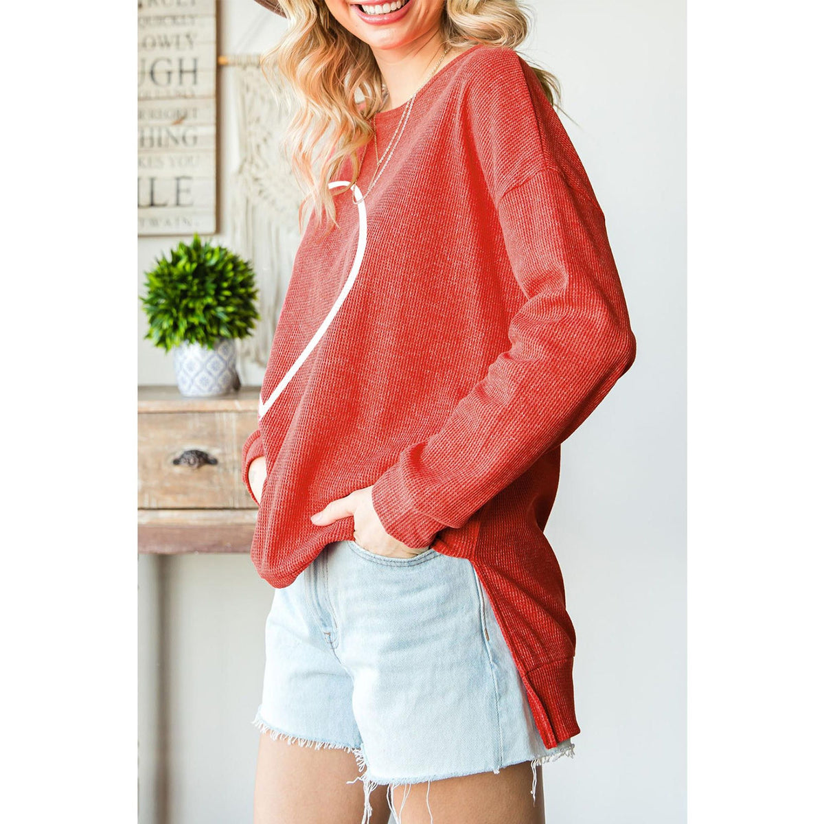 Azura Exchange Waffle Knit High Low Long Sleeve Top - XL