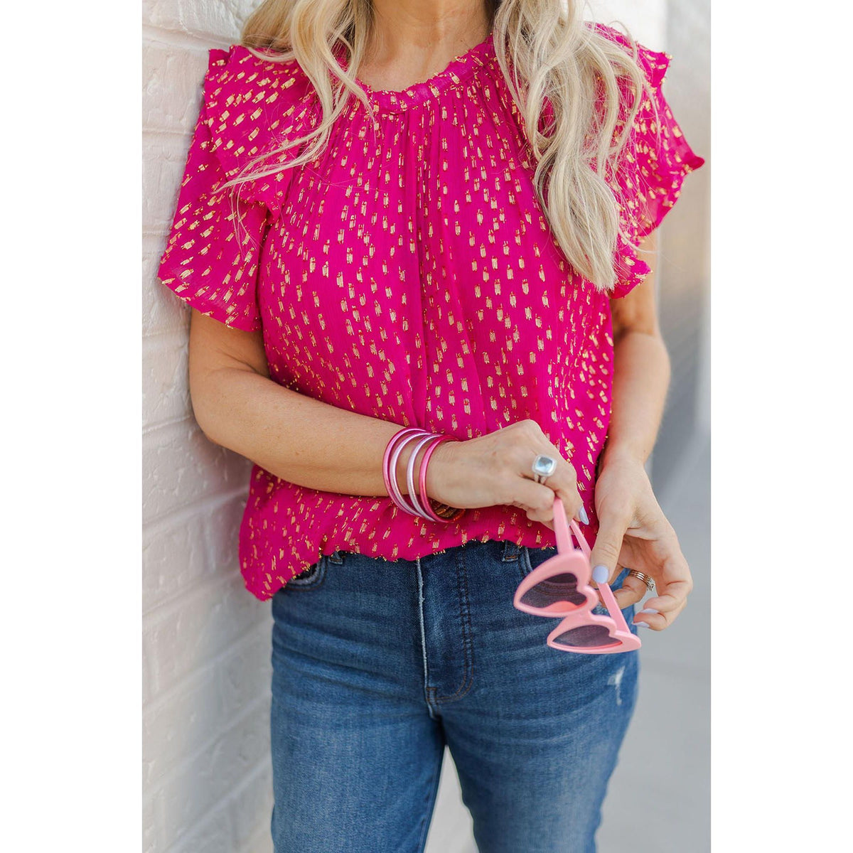 Azura Exchange Dotted Gold Stamp Tiered Ruffled Top - M