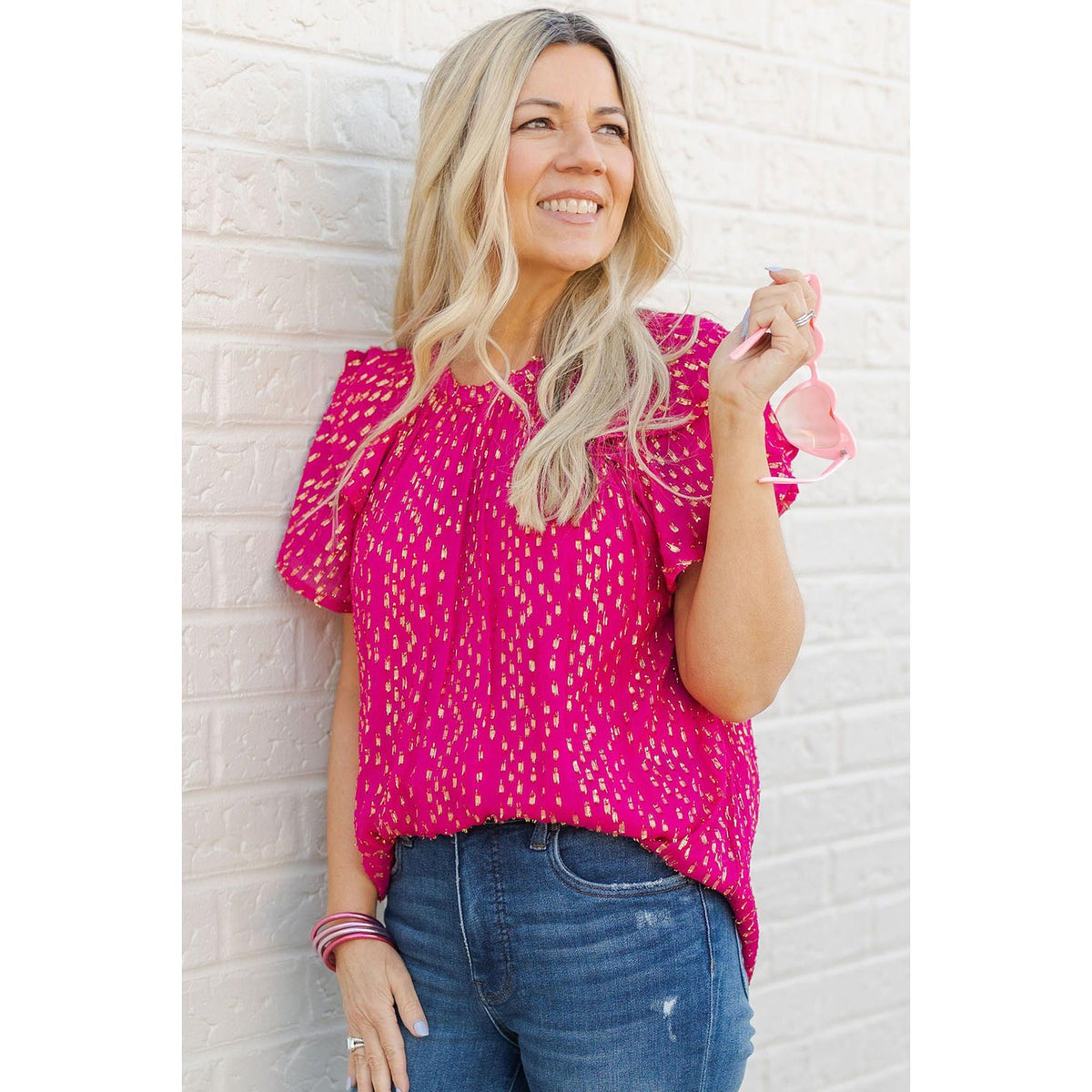 Azura Exchange Dotted Gold Stamp Tiered Ruffled Top - M