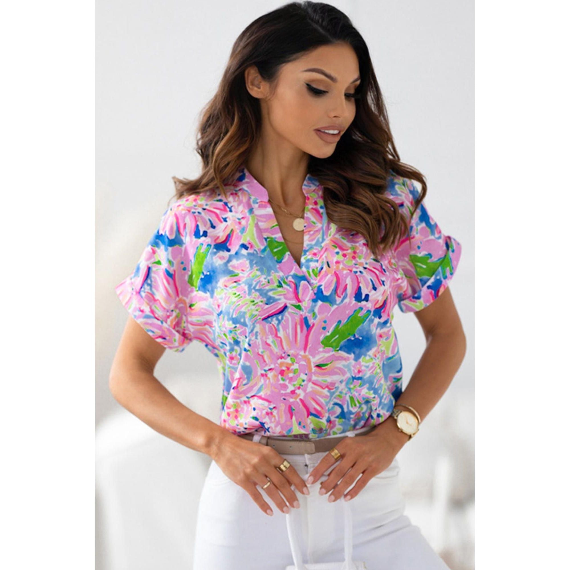 Azura Exchange Abstract Floral Print Notch V Neck Blouse - S