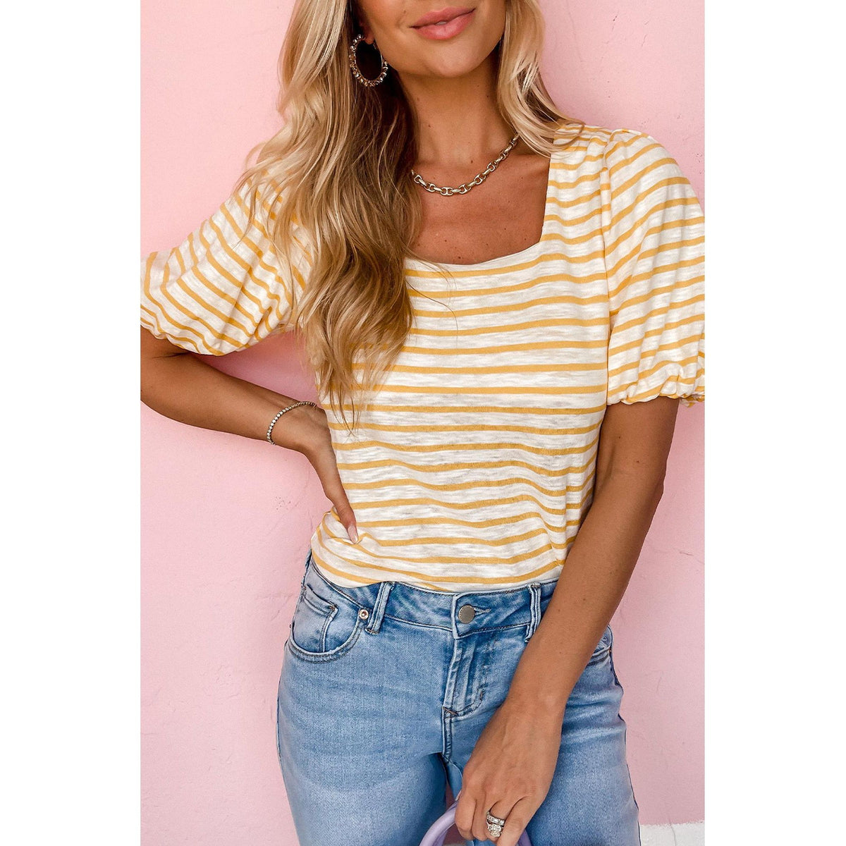 Azura Exchange Bubble Sleeve Stripe Square Neck Top - M