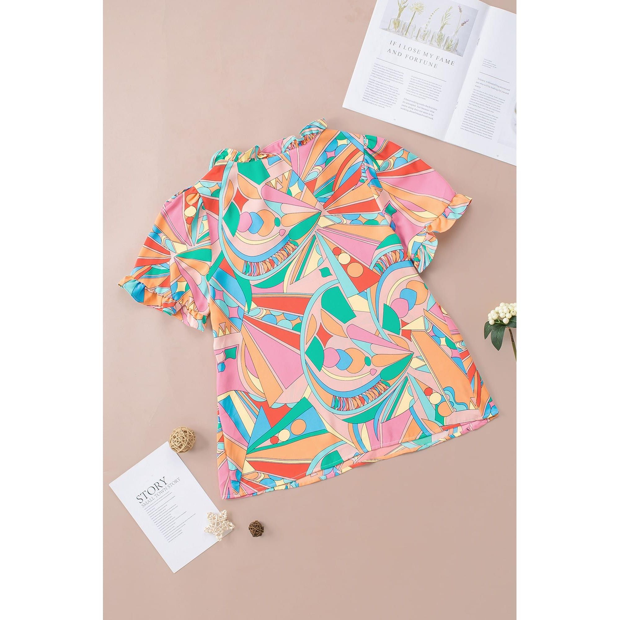 Azura Exchange Abstract Geometry Print Frilled V Neck Blouse - L