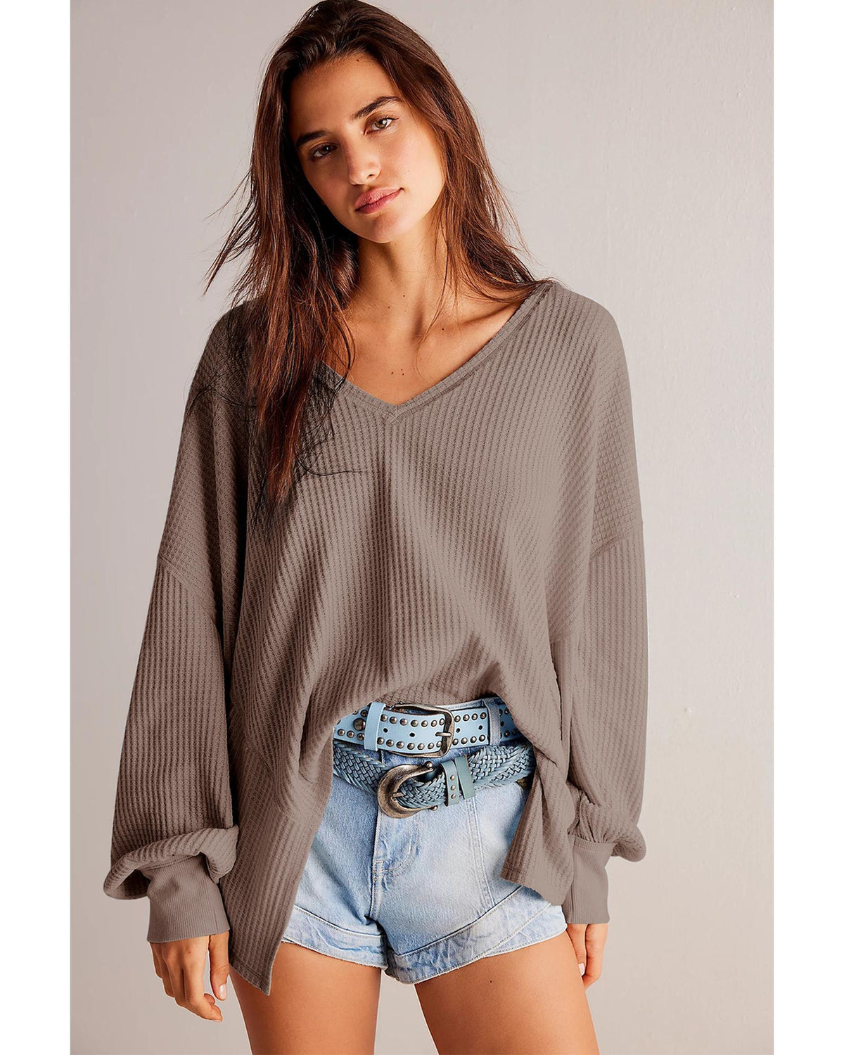 Coffee Waffle V Neck Long Sleeve Drop Shoulder Loose Blouse - M