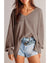 Coffee Waffle V Neck Long Sleeve Drop Shoulder Loose Blouse - M