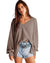 Coffee Waffle V Neck Long Sleeve Drop Shoulder Loose Blouse - S