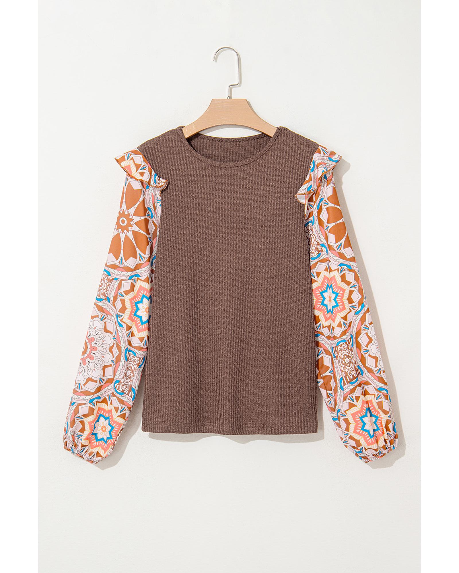 Coffee Ruffled Floral Sleeve Patchwork Waffle Knit O Neck Blouse - L