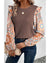 Coffee Ruffled Floral Sleeve Patchwork Waffle Knit O Neck Blouse - L
