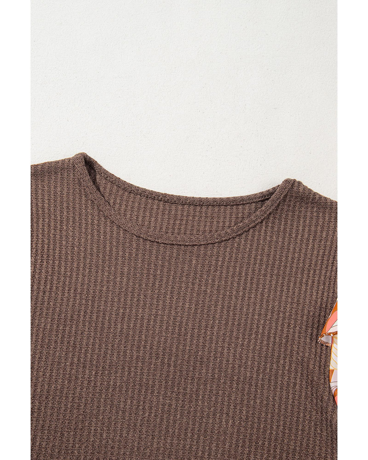 Coffee Ruffled Floral Sleeve Patchwork Waffle Knit O Neck Blouse - L