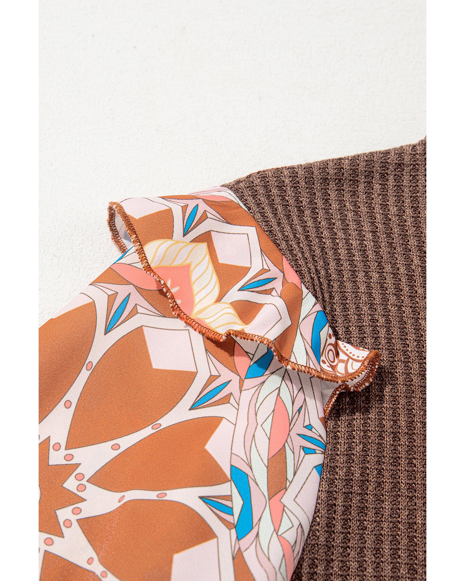 Coffee Ruffled Floral Sleeve Patchwork Waffle Knit O Neck Blouse - M