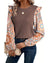 Coffee Ruffled Floral Sleeve Patchwork Waffle Knit O Neck Blouse - M