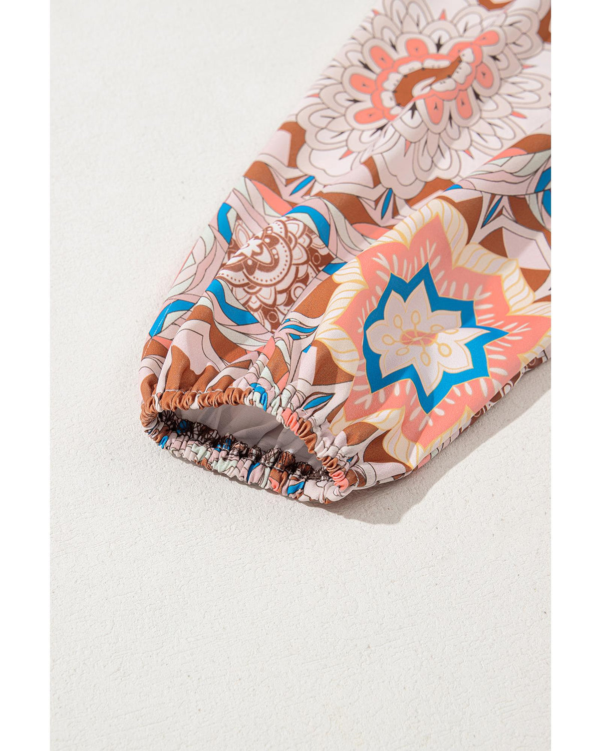 Coffee Ruffled Floral Sleeve Patchwork Waffle Knit O Neck Blouse - M