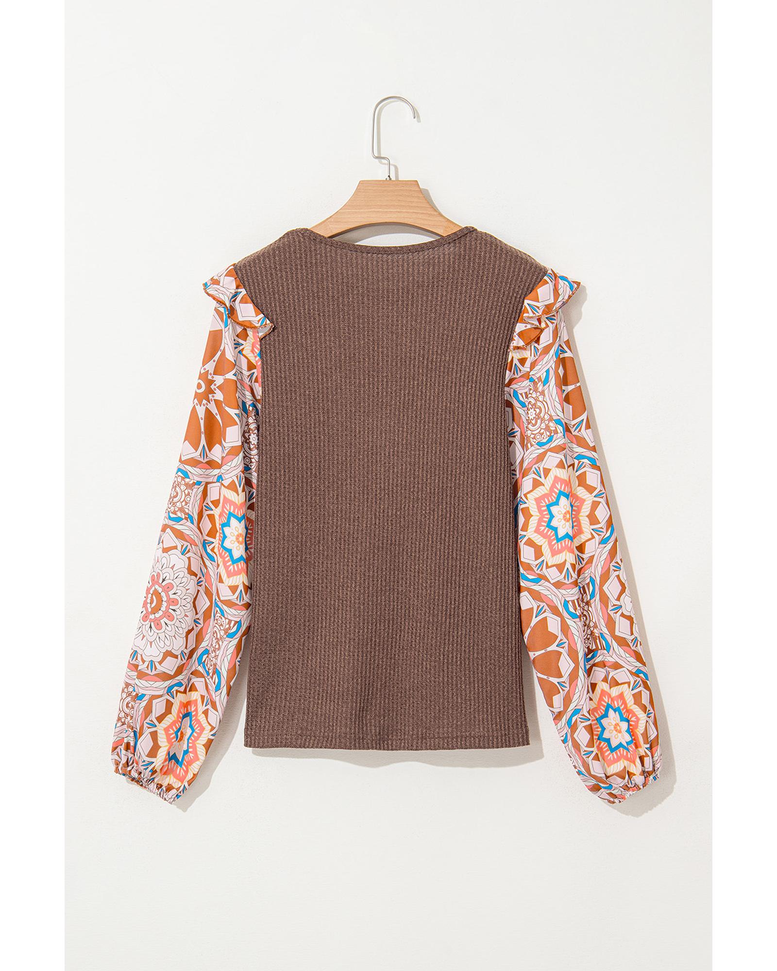 Coffee Ruffled Floral Sleeve Patchwork Waffle Knit O Neck Blouse - S