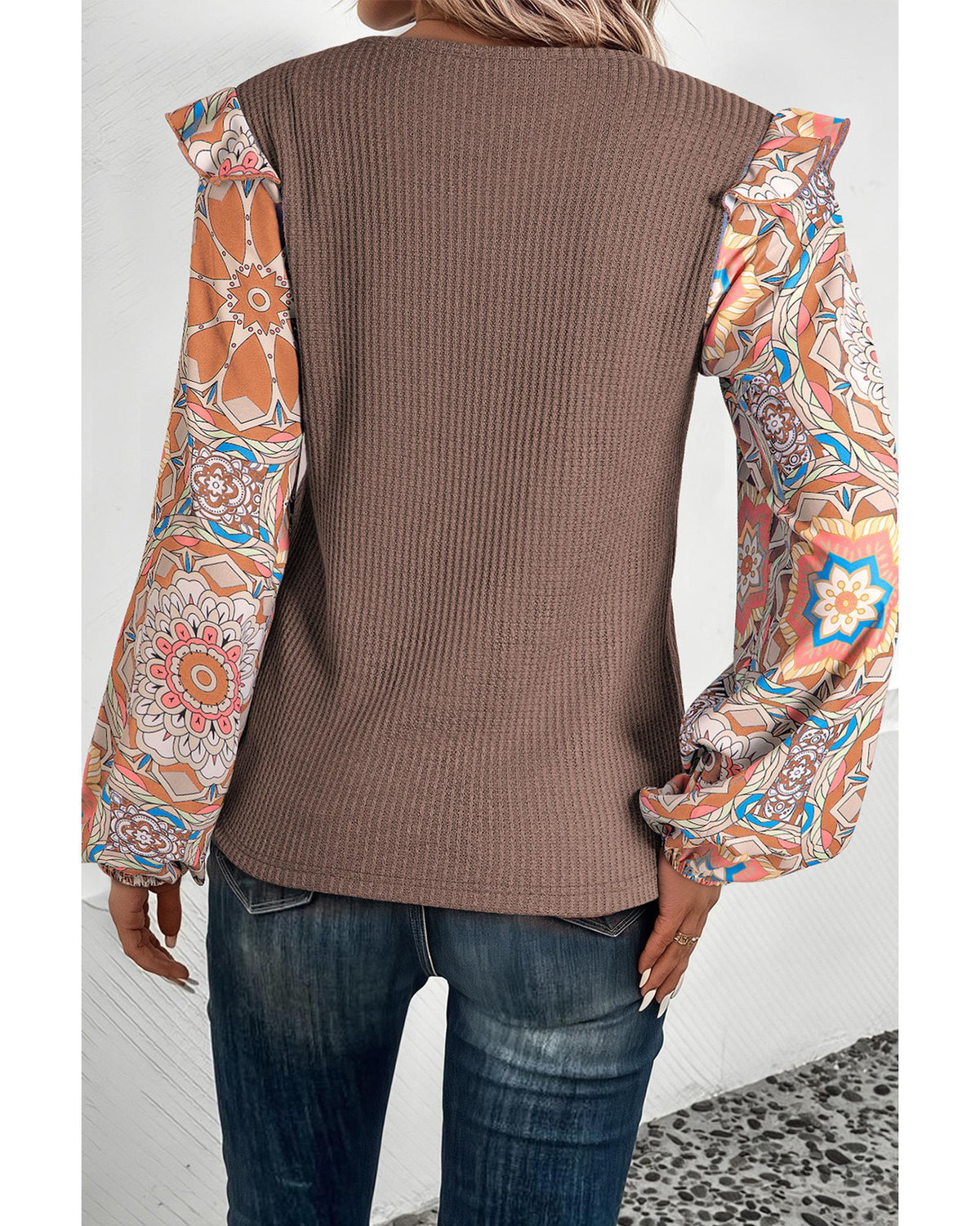 Coffee Ruffled Floral Sleeve Patchwork Waffle Knit O Neck Blouse - XL