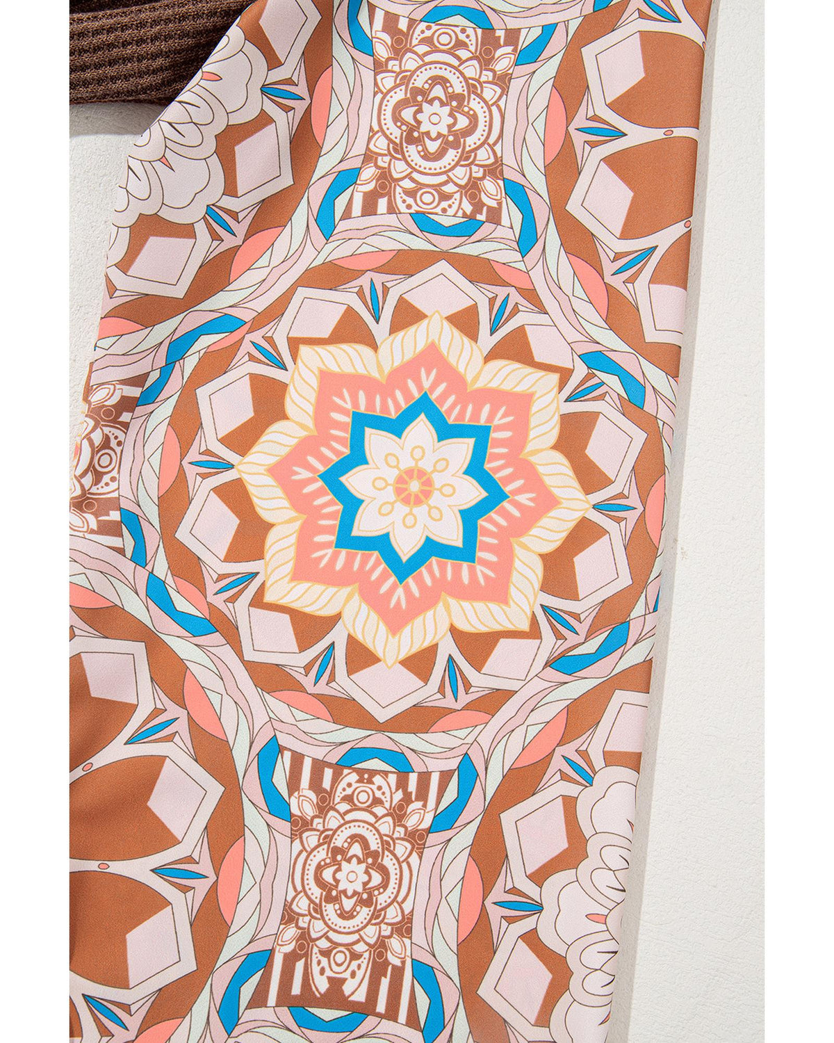 Coffee Ruffled Floral Sleeve Patchwork Waffle Knit O Neck Blouse - XL