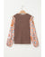 Coffee Ruffled Floral Sleeve Patchwork Waffle Knit O Neck Blouse - XL